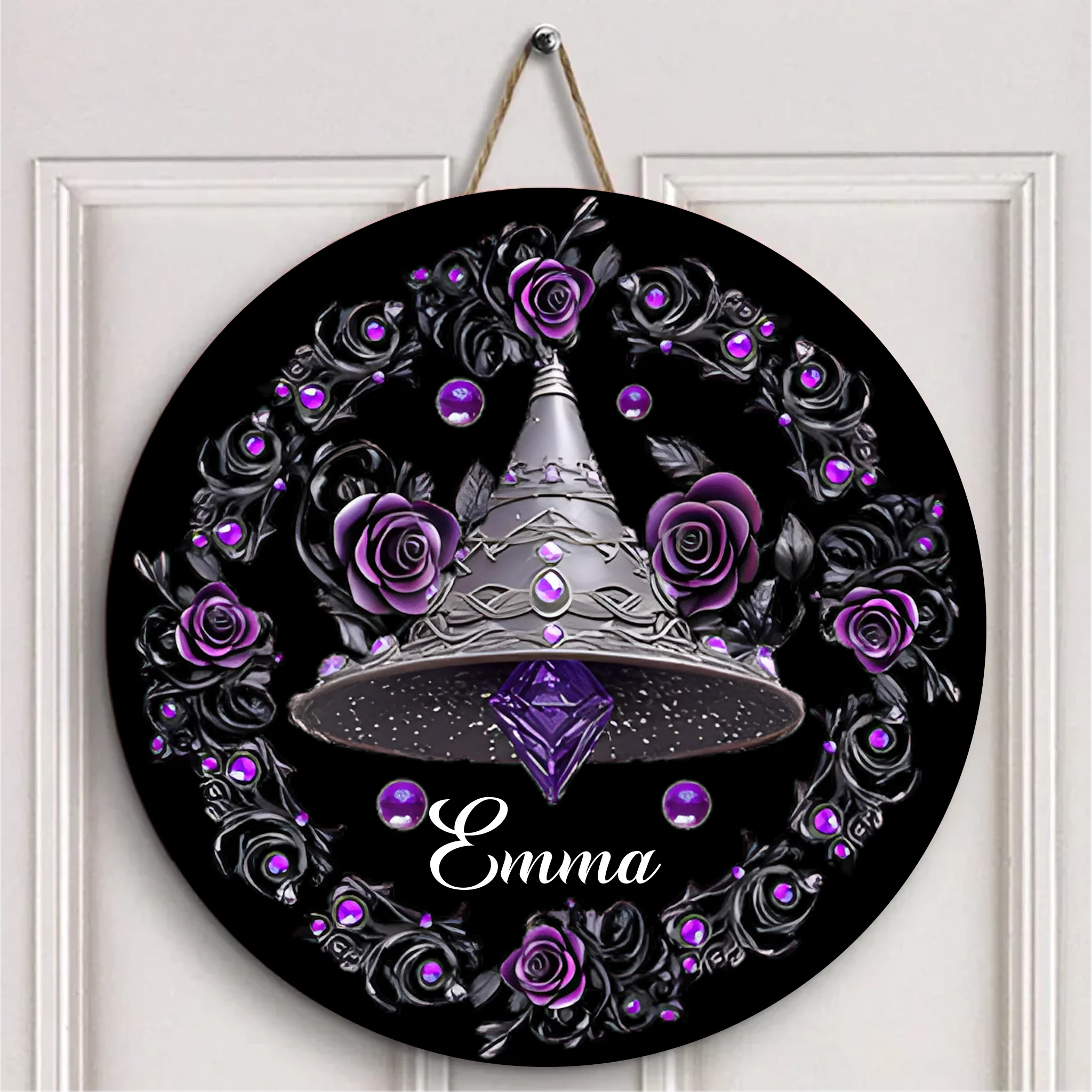 Customized Witch Magic Flower Hat House Door Plate - Personalized Name Wooden Sign