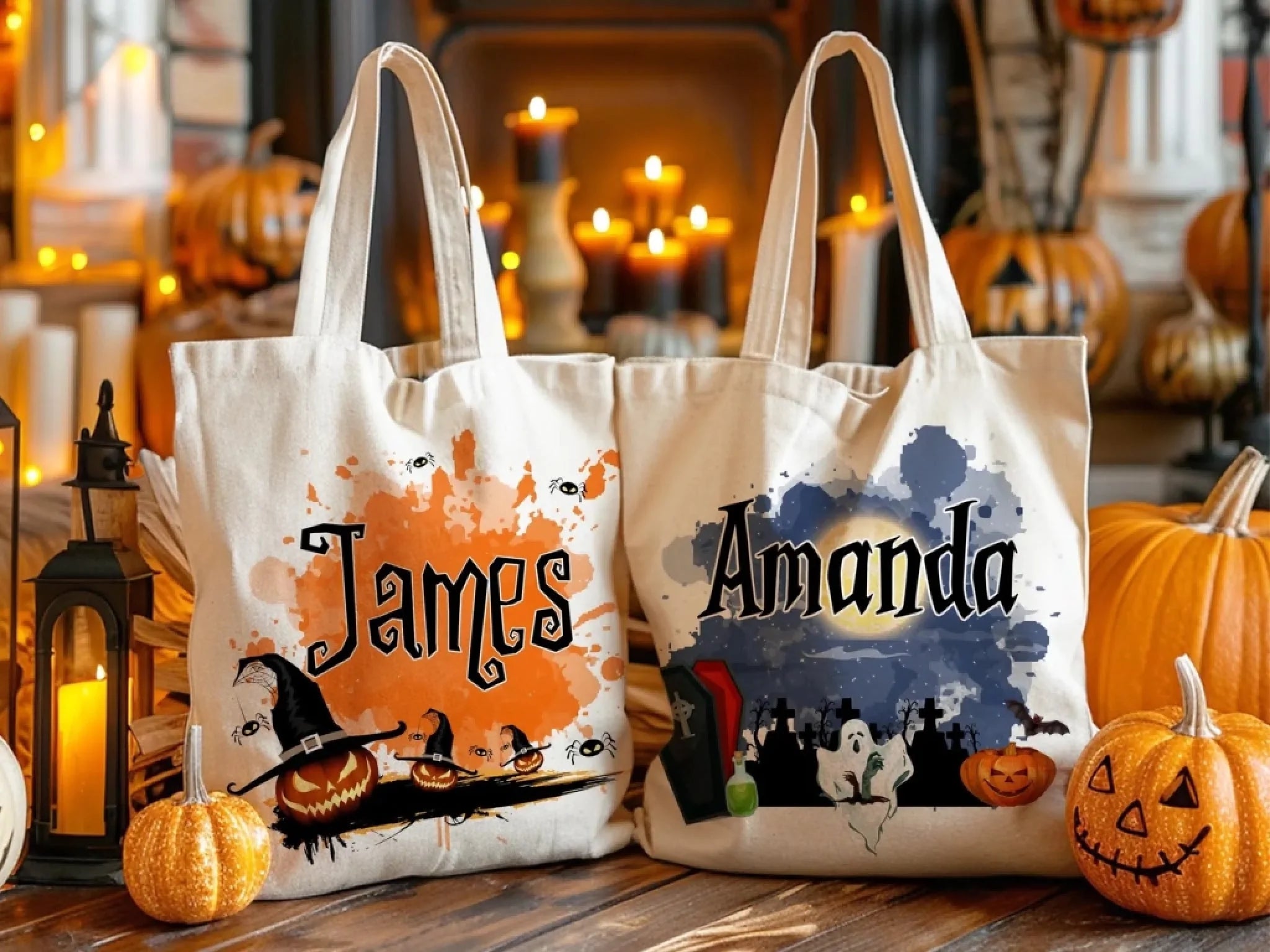 Halloween-themed Custom Canvas Bag - Personalized Pattern And Name Handbag
