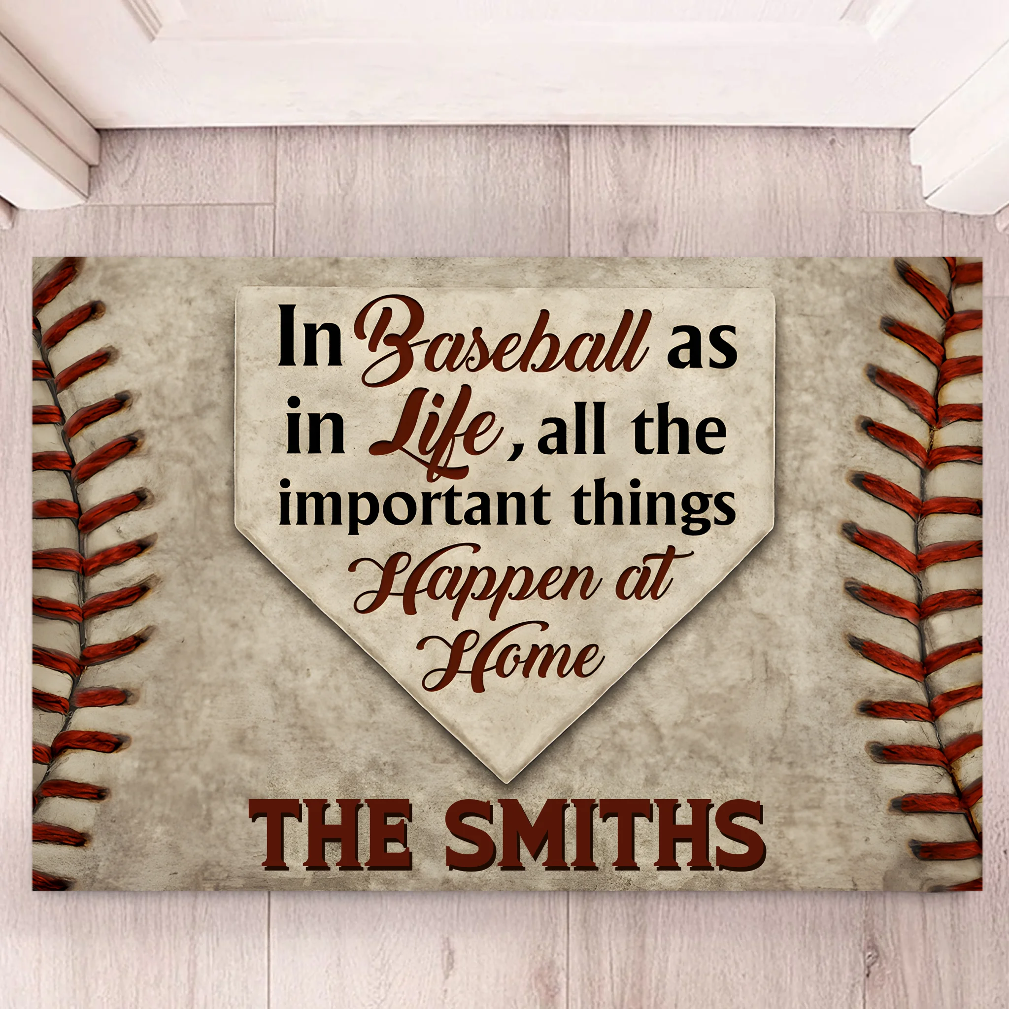 In Baseball As In Life, All The Important Things Happen At Home Customized Floor Mat - Personalized Name Door Mat - Gifts For Sports Fans and Family