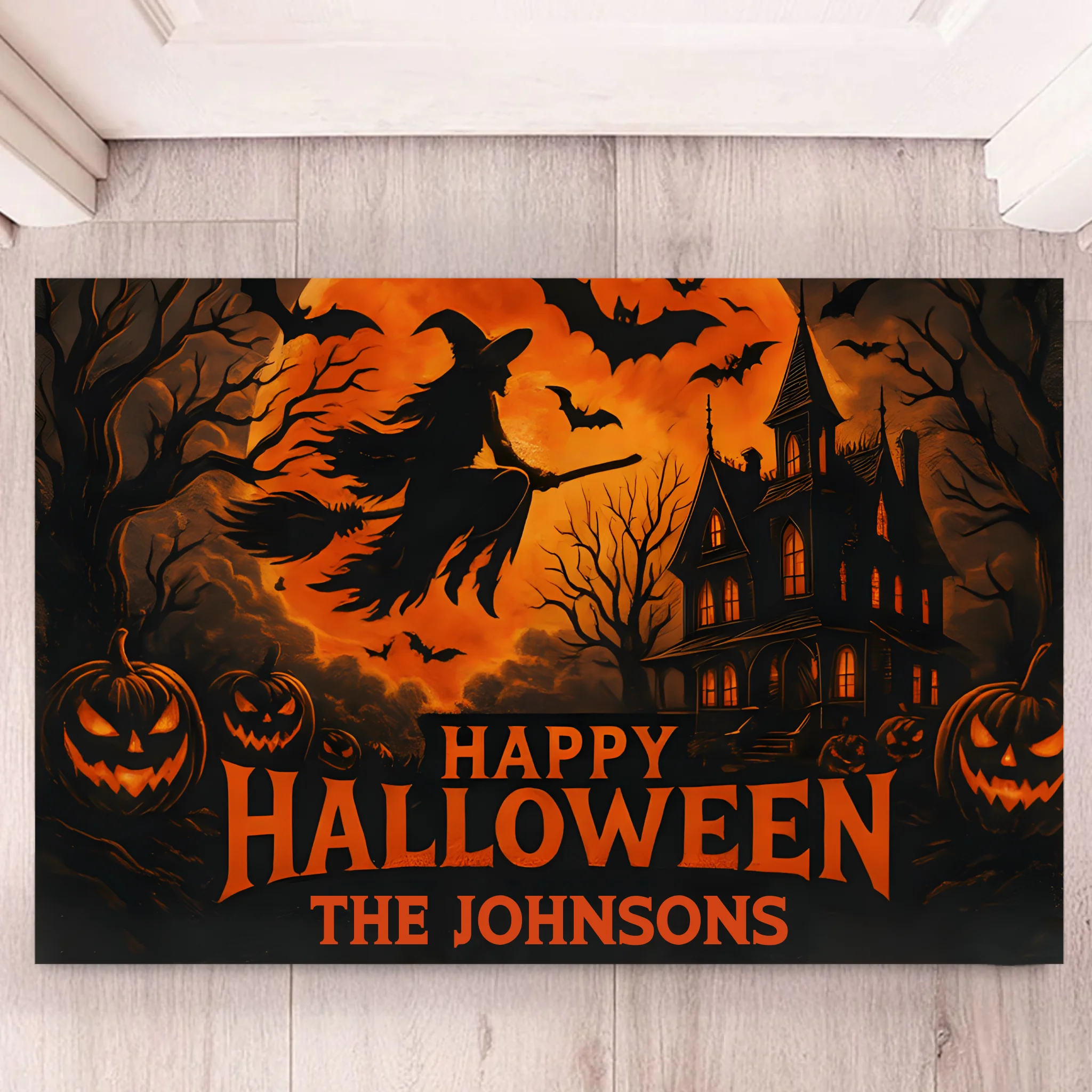 Happy Halloween Witch And Bats Customized Floor Mat - Personalized Name Door Mat - Halloween Party