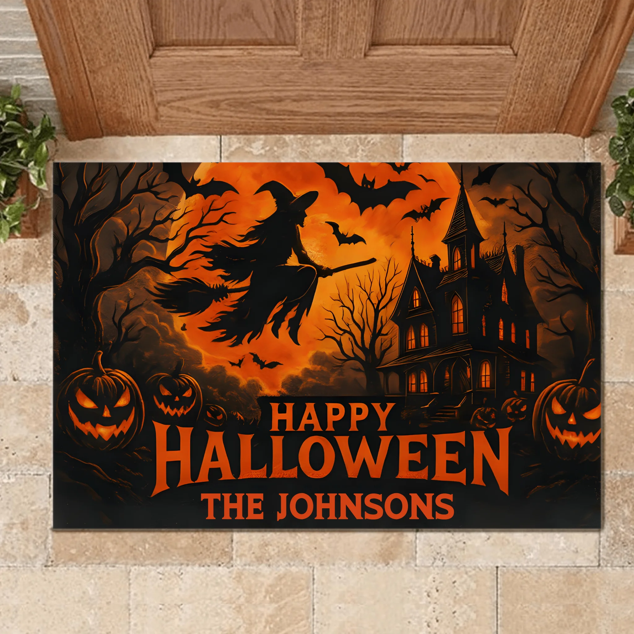 Happy Halloween Witch And Bats Customized Floor Mat - Personalized Name Door Mat - Halloween Party
