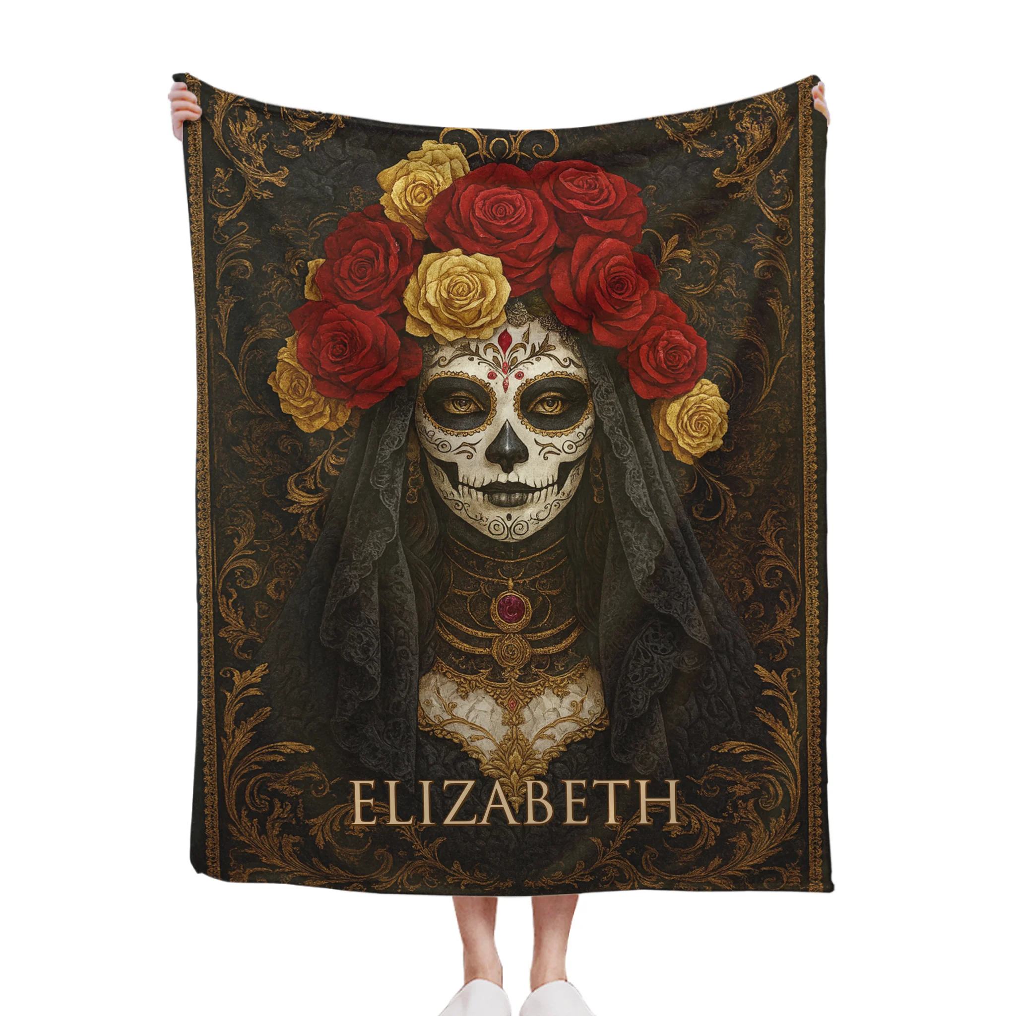 Midnight Bloom Skull Woman Customized Blanket - Personalized Name - Halloween Gifts
