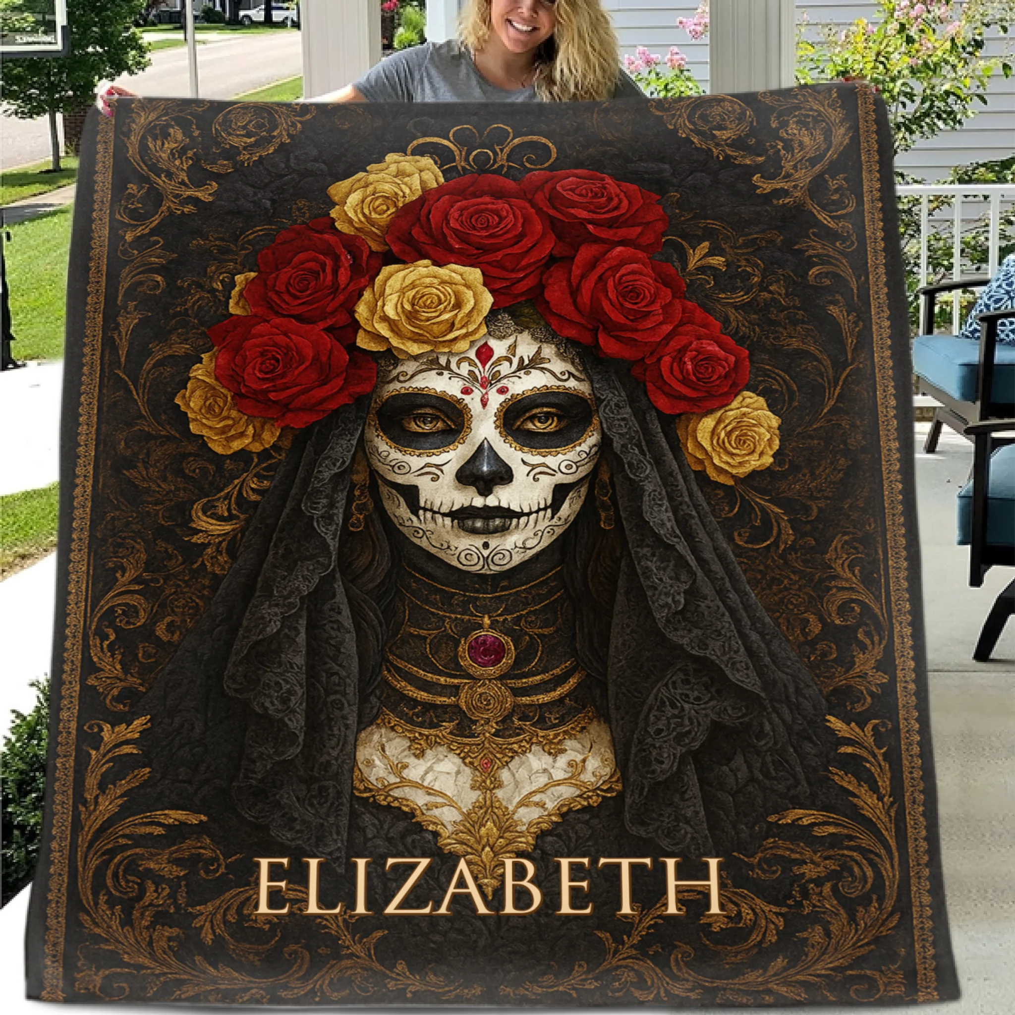 Midnight Bloom Skull Woman Customized Blanket - Personalized Name - Halloween Gifts