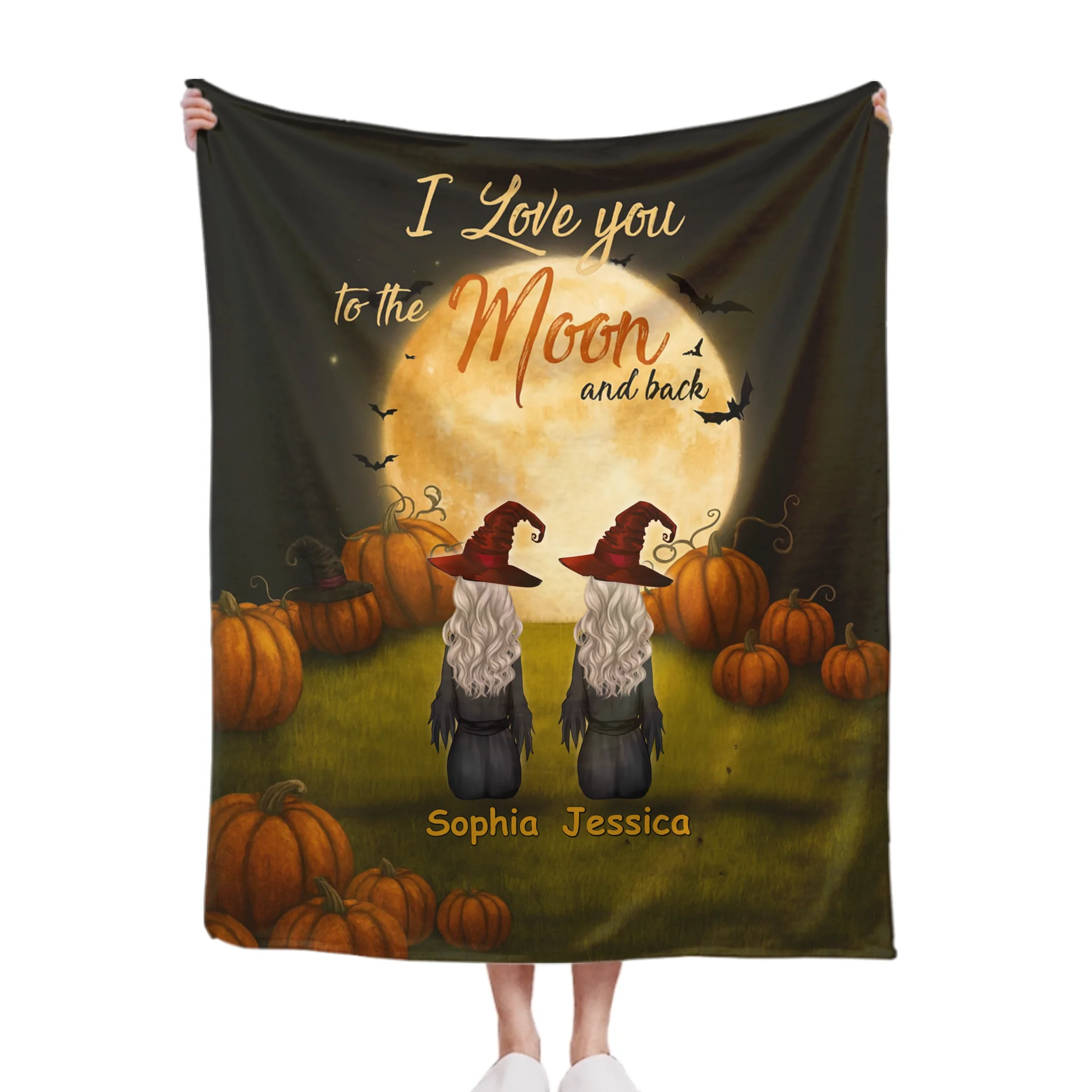 🧙‍♀️I Love You To The Moon And Back - Personalized Halloween Witches Blanket - Halloween Gifts, Gifts For Besties