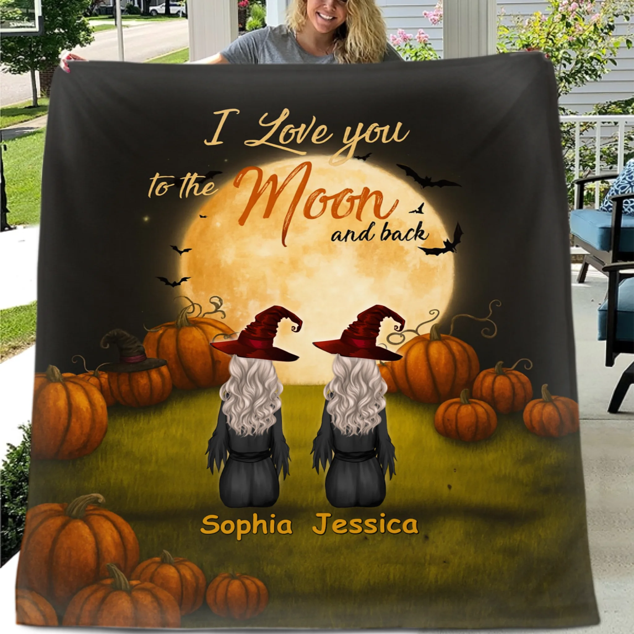 🧙‍♀️I Love You To The Moon And Back - Personalized Halloween Witches Blanket - Halloween Gifts, Gifts For Besties