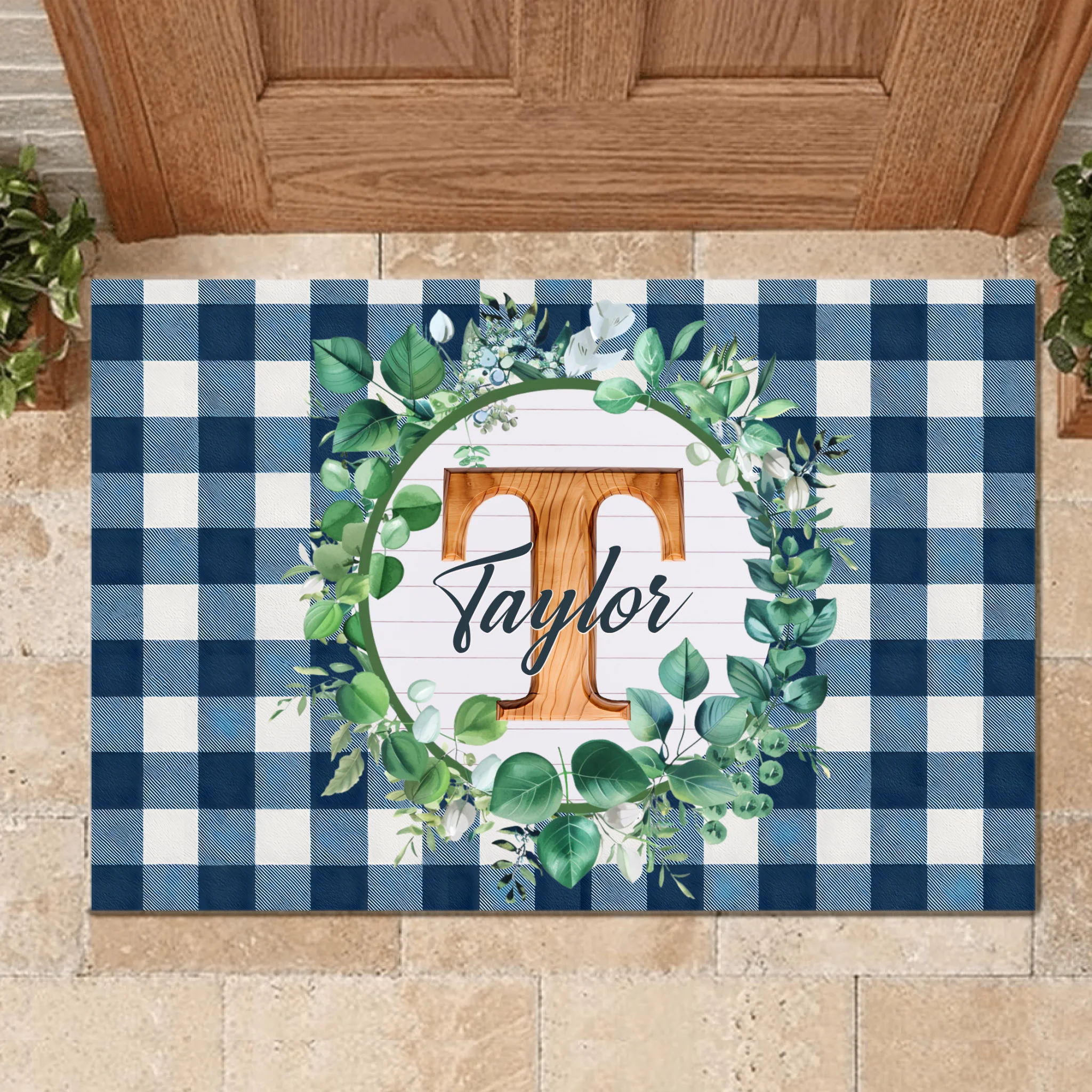 Custom Blue Plaid Floral Initial Doormat - Personalized Name Mat- Gift for Home, Family & Friends