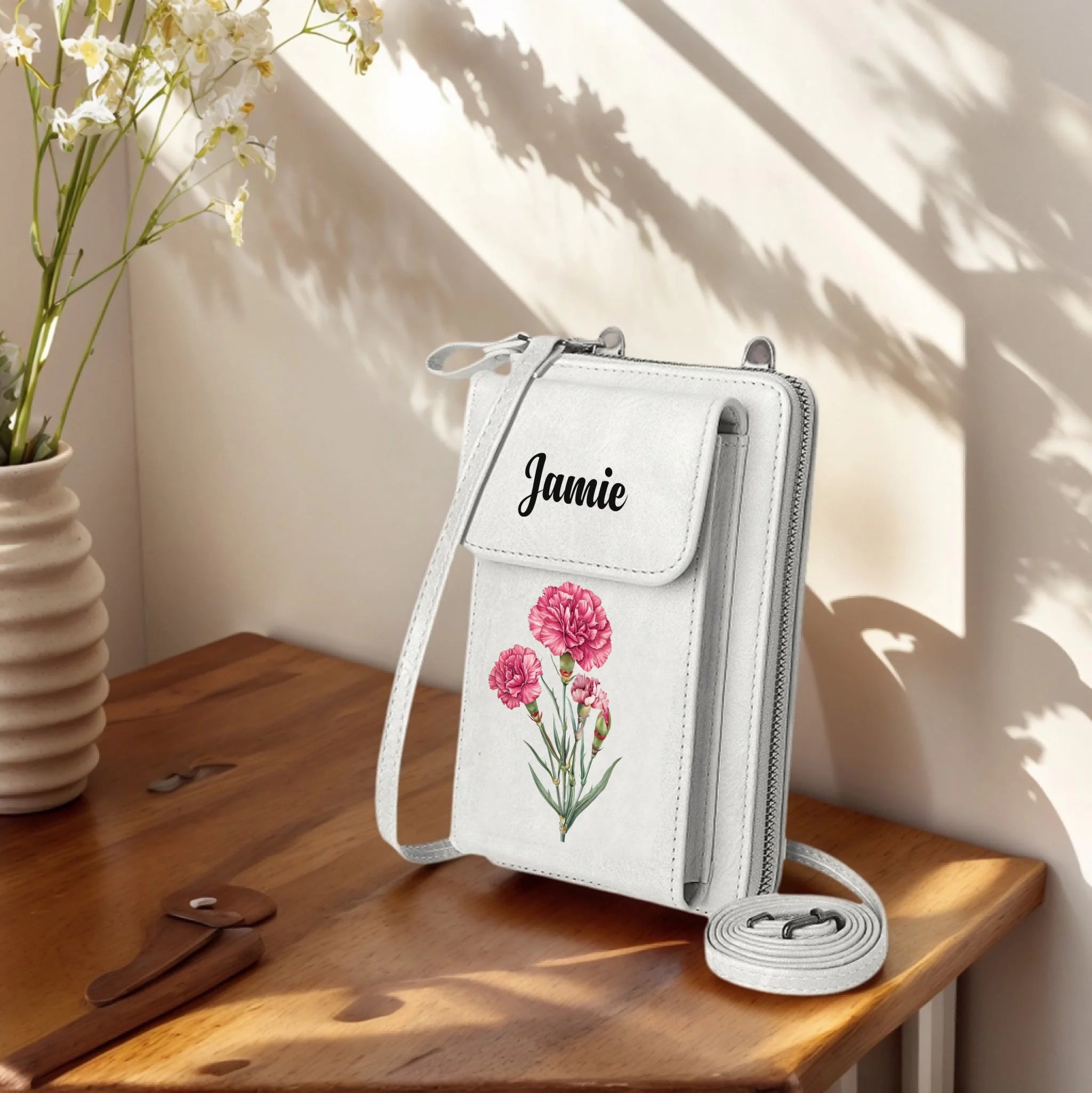 Personalized Birth Flower Leather Crossbody Bag – Custom Wallet Gift for Women
