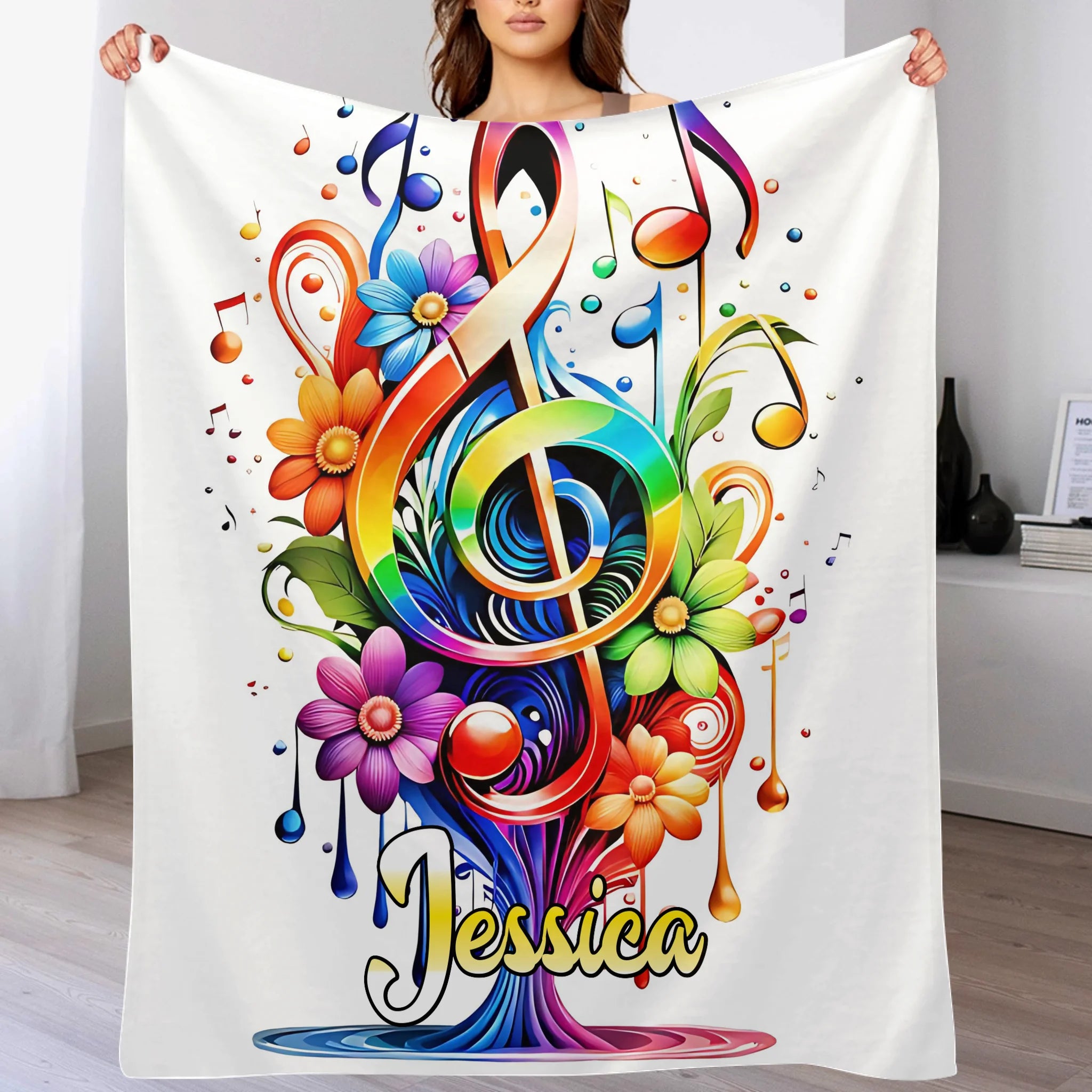 🎵Customized Colorful Clef With Leaves Blanket - Personalized Name - Gifts For Music Lovers