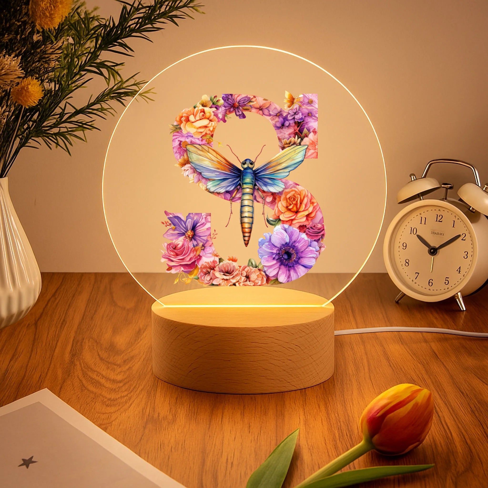 Romantic Flowers Customized Night Light - Personalized Initial – Gift for Kids, Children, Girl, Baby