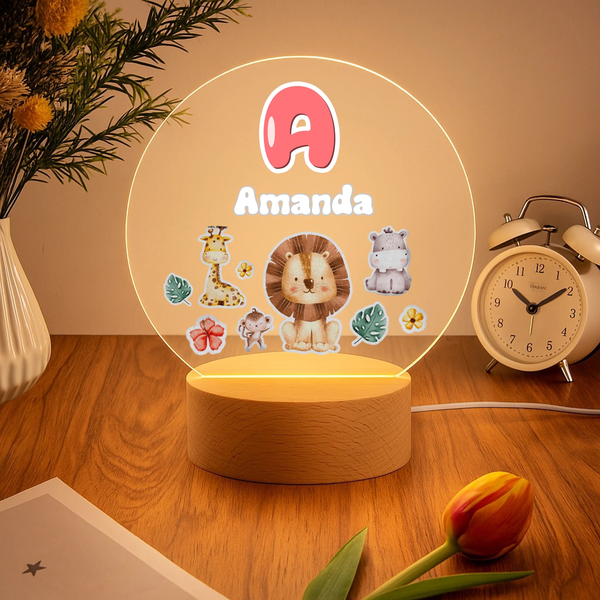 Colorful Animal Pattern Customized Night Light - Personalized Initial And Name - Gift for Kids, Children, Baby