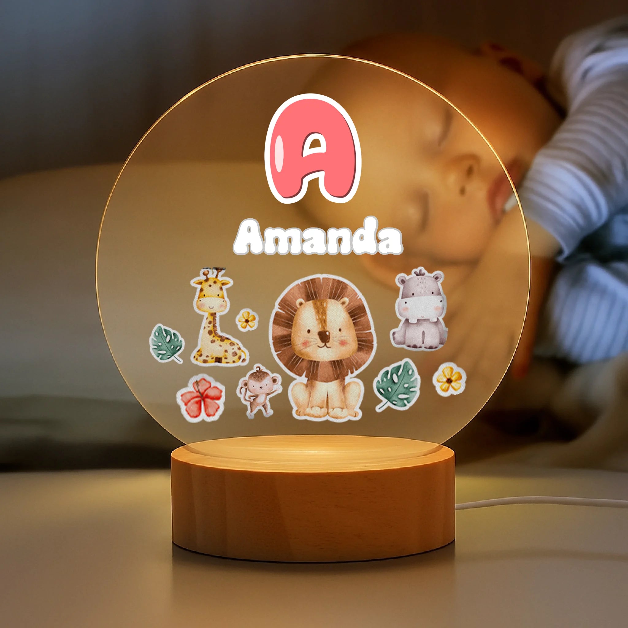 Colorful Animal Pattern Customized Night Light - Personalized Initial And Name - Gift for Kids, Children, Baby