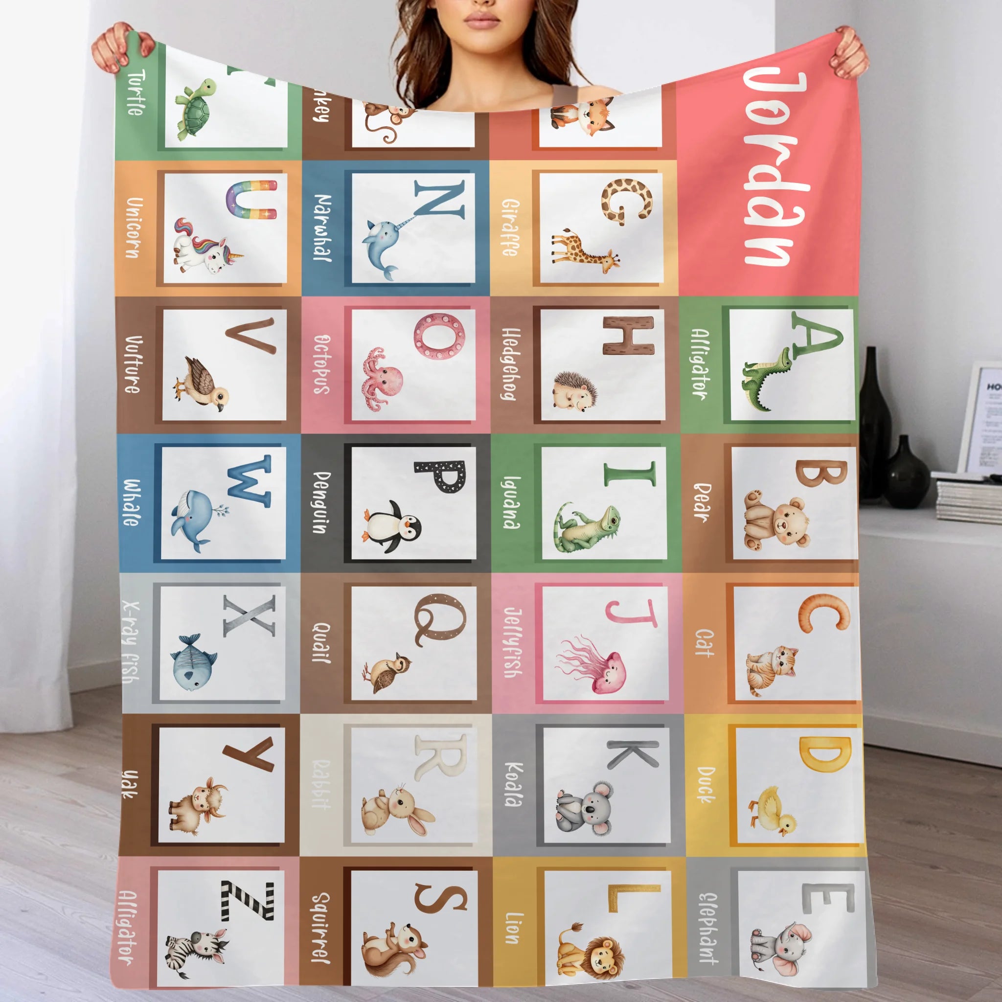 Custom Alphabet Blanket - Personalized Zoo Animal ABC Baby Throw Blanket - Gift for Newborns and Children