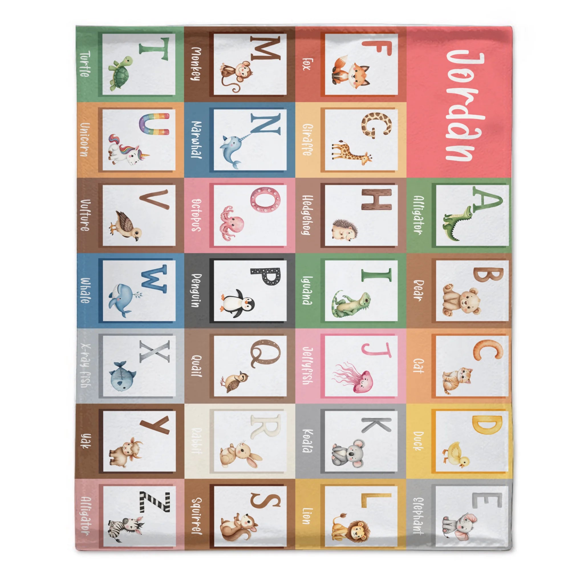 Custom Alphabet Blanket - Personalized Zoo Animal ABC Baby Throw Blanket - Gift for Newborns and Children