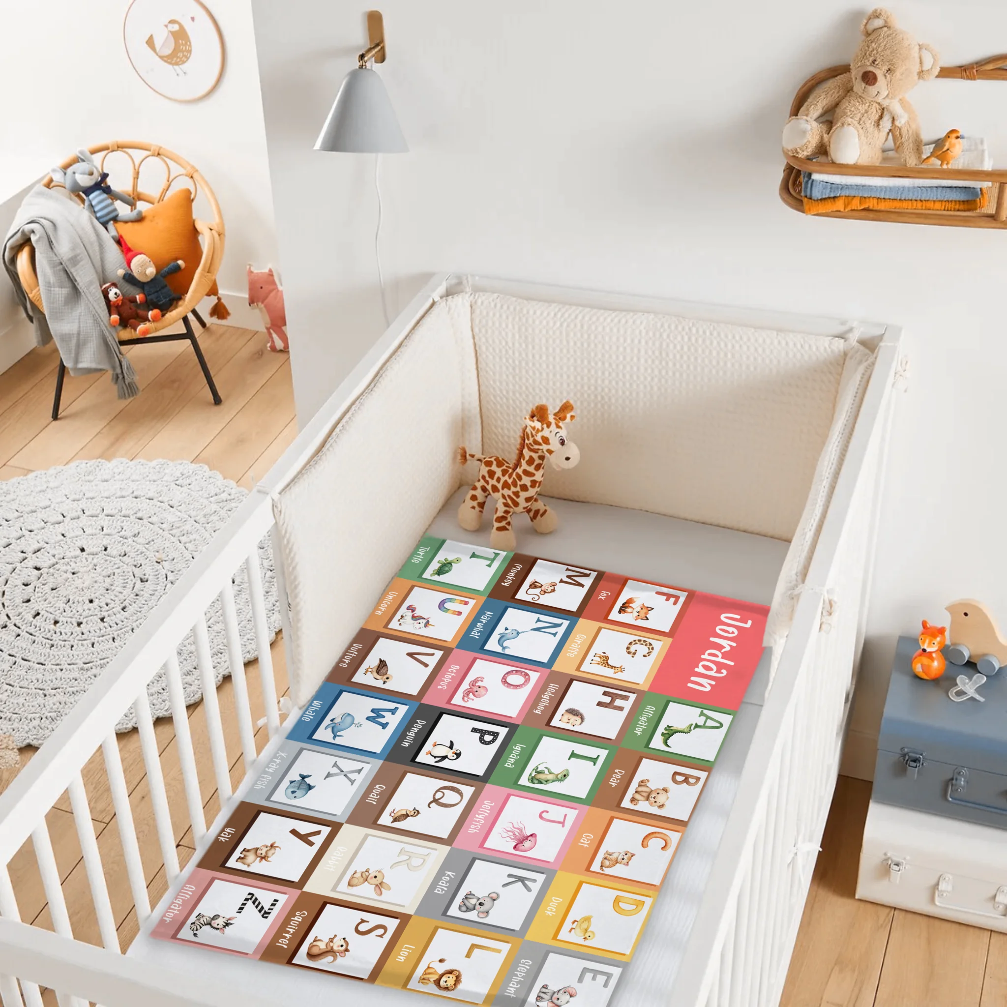 Custom Alphabet Blanket - Personalized Zoo Animal ABC Baby Throw Blanket - Gift for Newborns and Children