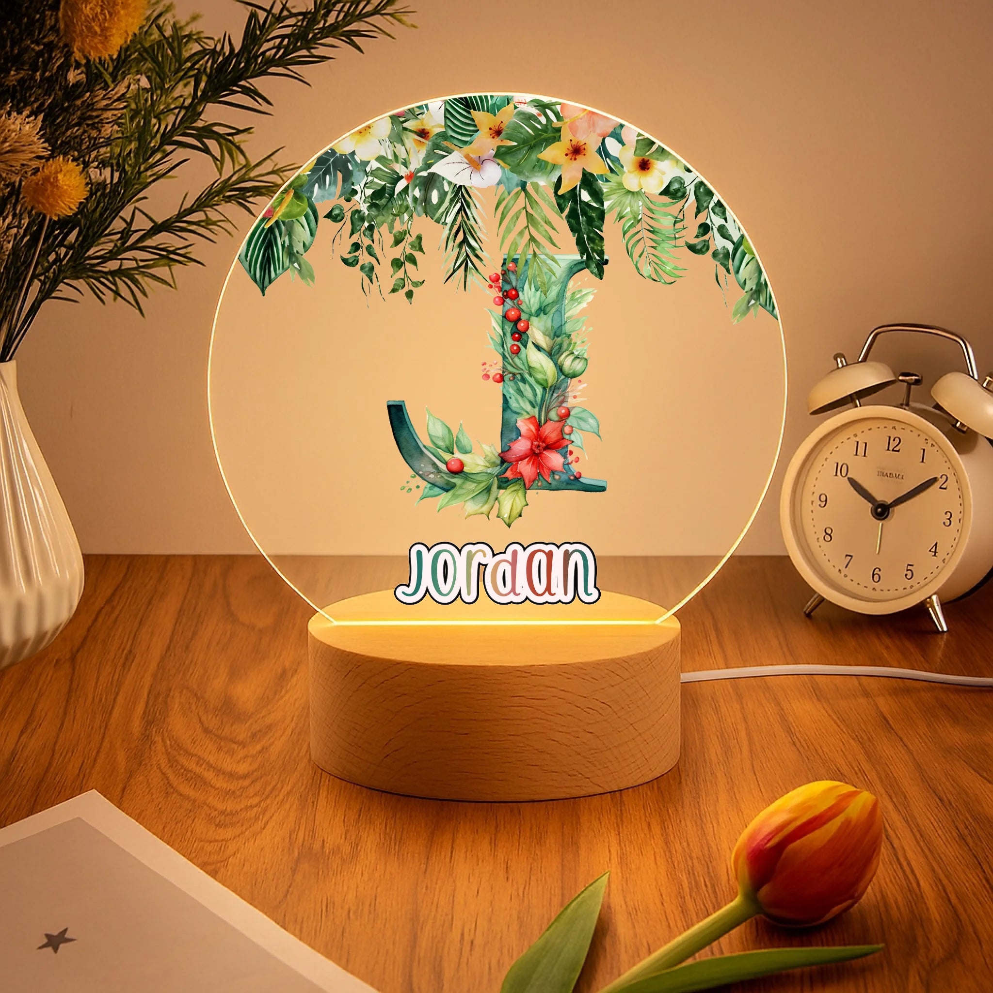 Customized Initial Letter Green Plant Night Light - Personalized Name - Gift for Boys, Girls