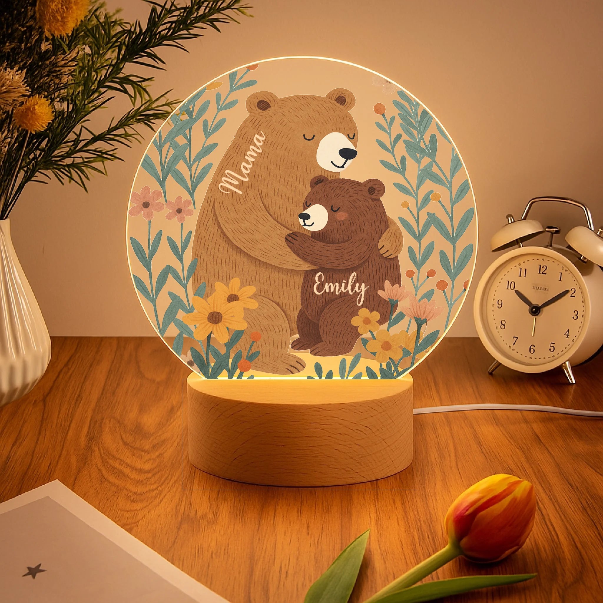 Customized Family Bear Flower Night Light - Personalized Name - Gifts For Kids