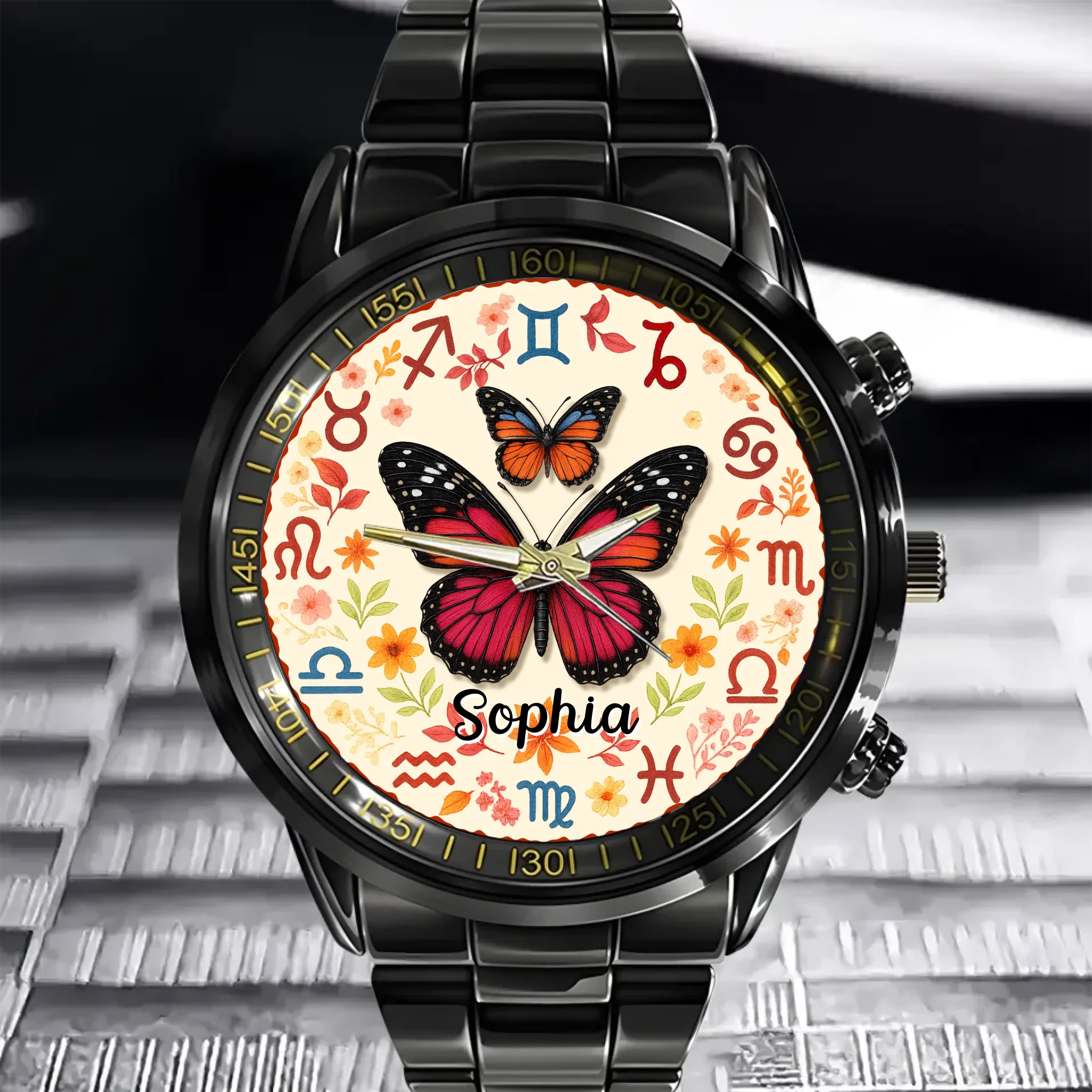 Customized Twelve Zodiac Sign Pointer Watch - Personalized Butterfly and Name - Gifts For Butterfly Lovers