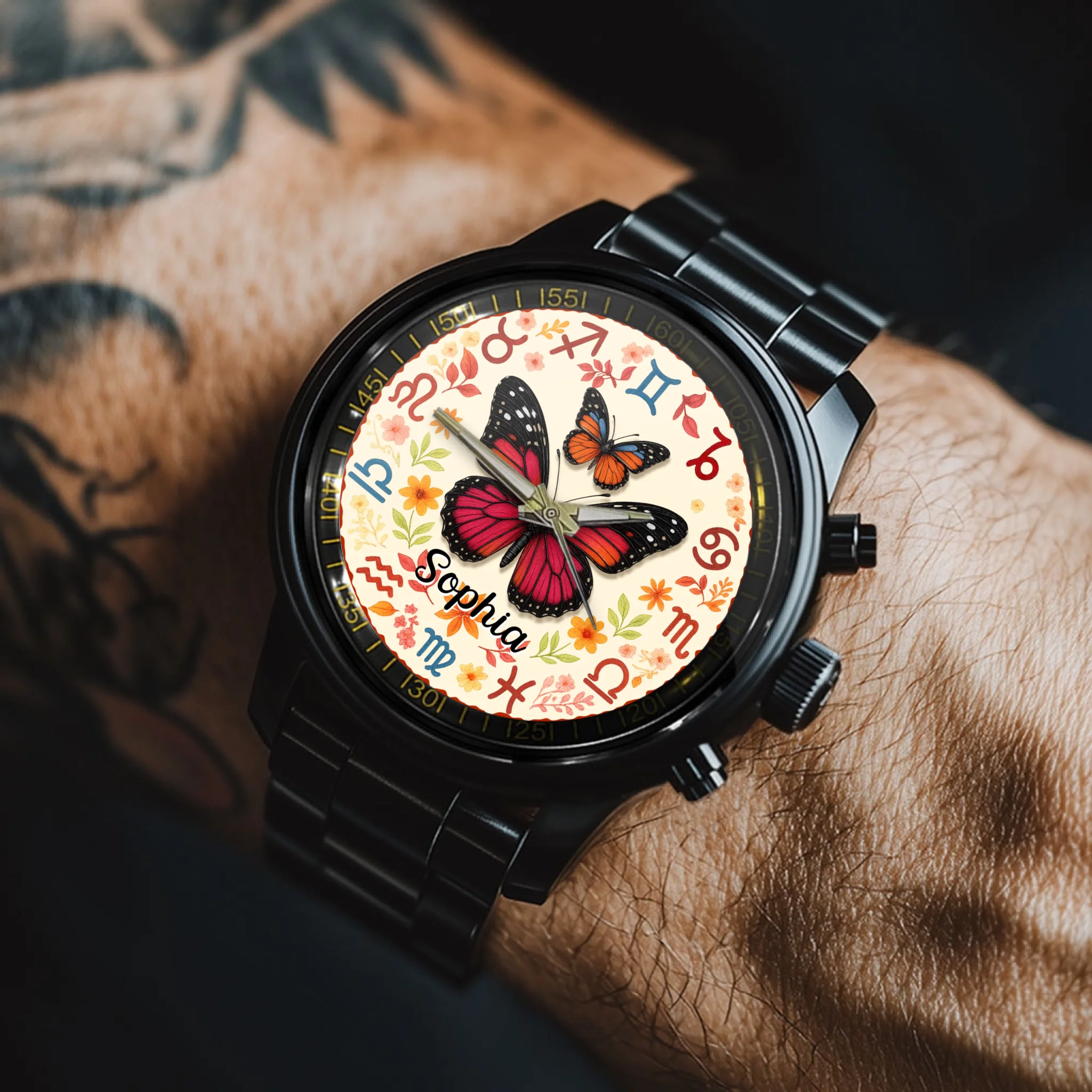 Customized Twelve Zodiac Sign Pointer Watch - Personalized Butterfly and Name - Gifts For Butterfly Lovers