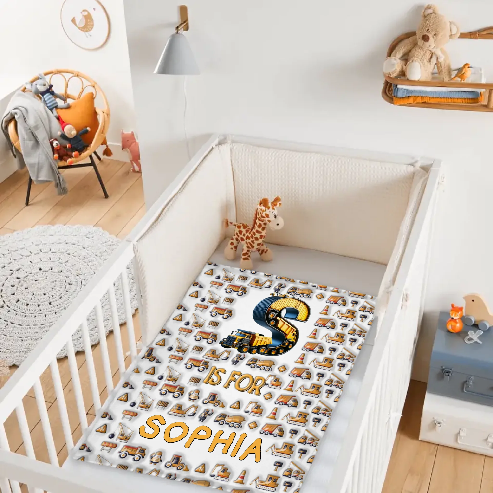 Custom Construction Truck Blanket - Personalized Excavator & Vehicle Alphabet Throw - Gift for Kids, Boys