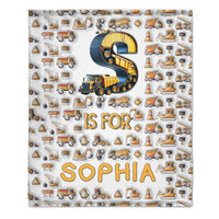 Custom Construction Truck Blanket - Personalized Excavator & Vehicle Alphabet Throw - Gift for Kids, Boys