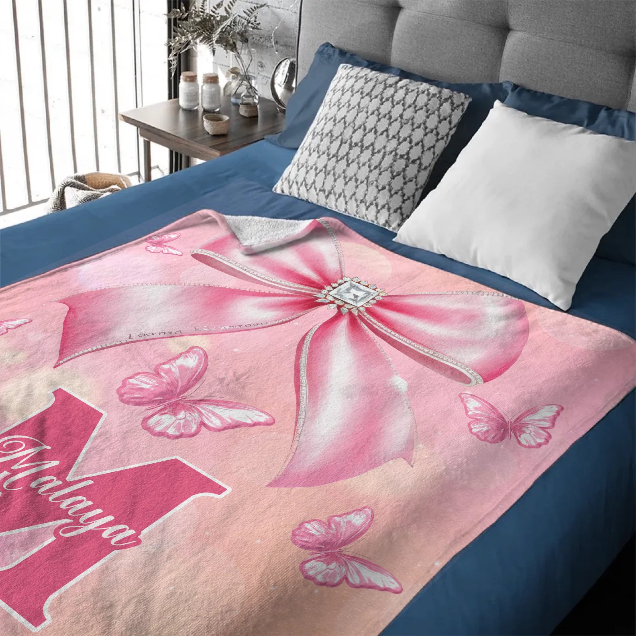 Pink Butterfly Pattern Name Custom Initials Custom Girl Blanket - A Gift For Girls