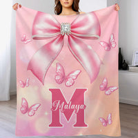 Pink Butterfly Pattern Name Custom Initials Custom Girl Blanket - A Gift For Girls