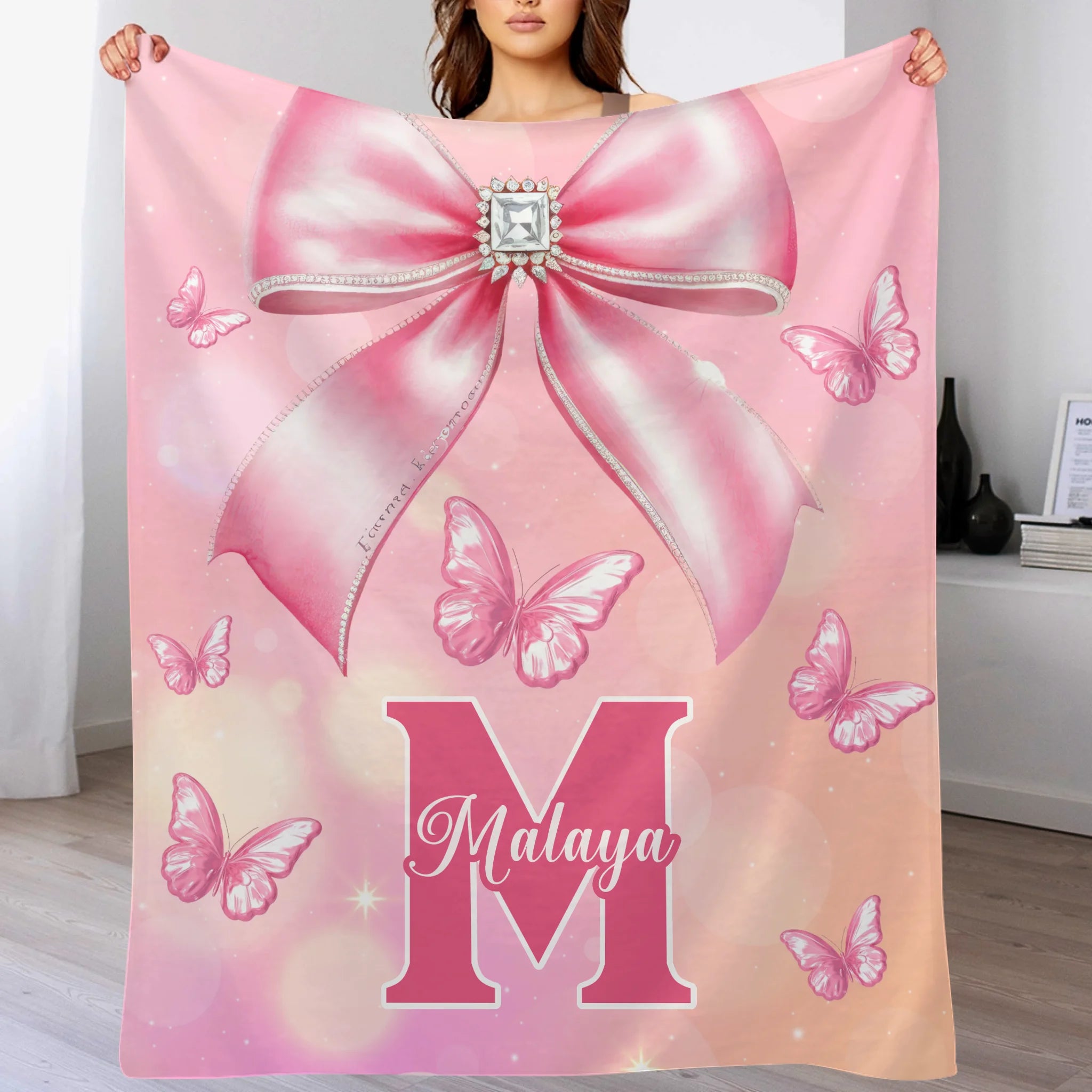 Pink Butterfly Pattern Name Custom Initials Custom Girl Blanket - A Gift For Girls