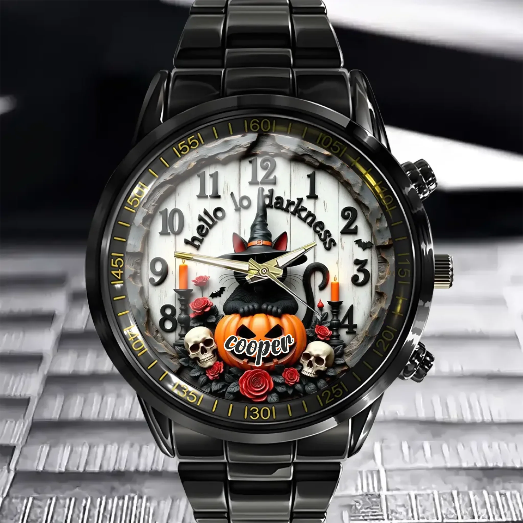 Black Cat Pumpkin Halloween Custom Watch - Personalized Name - Halloween Gifts