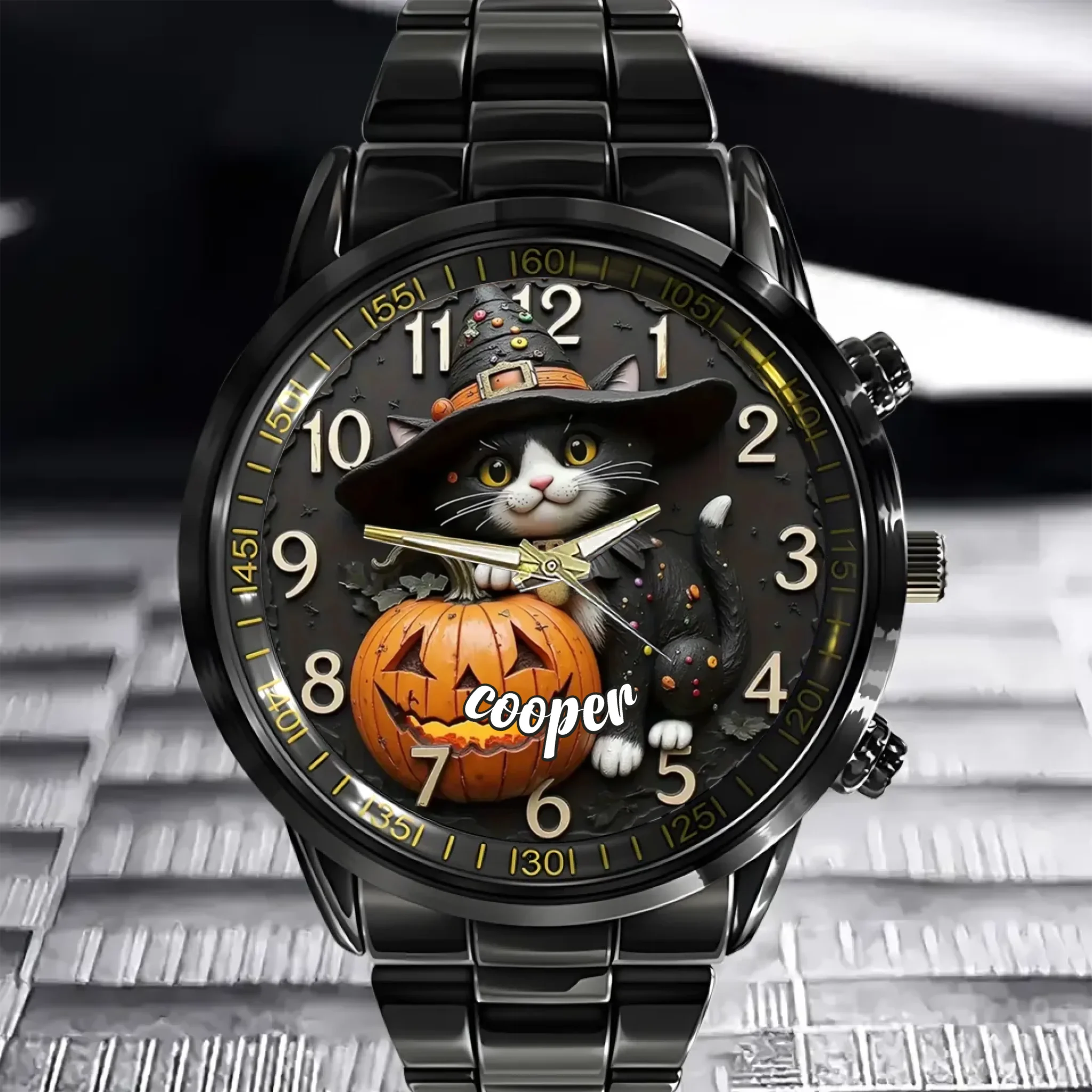 🎃Witch Hat Cat & Golden Pumpkin Customized Watch - Personalized Name - Halloween Gifts