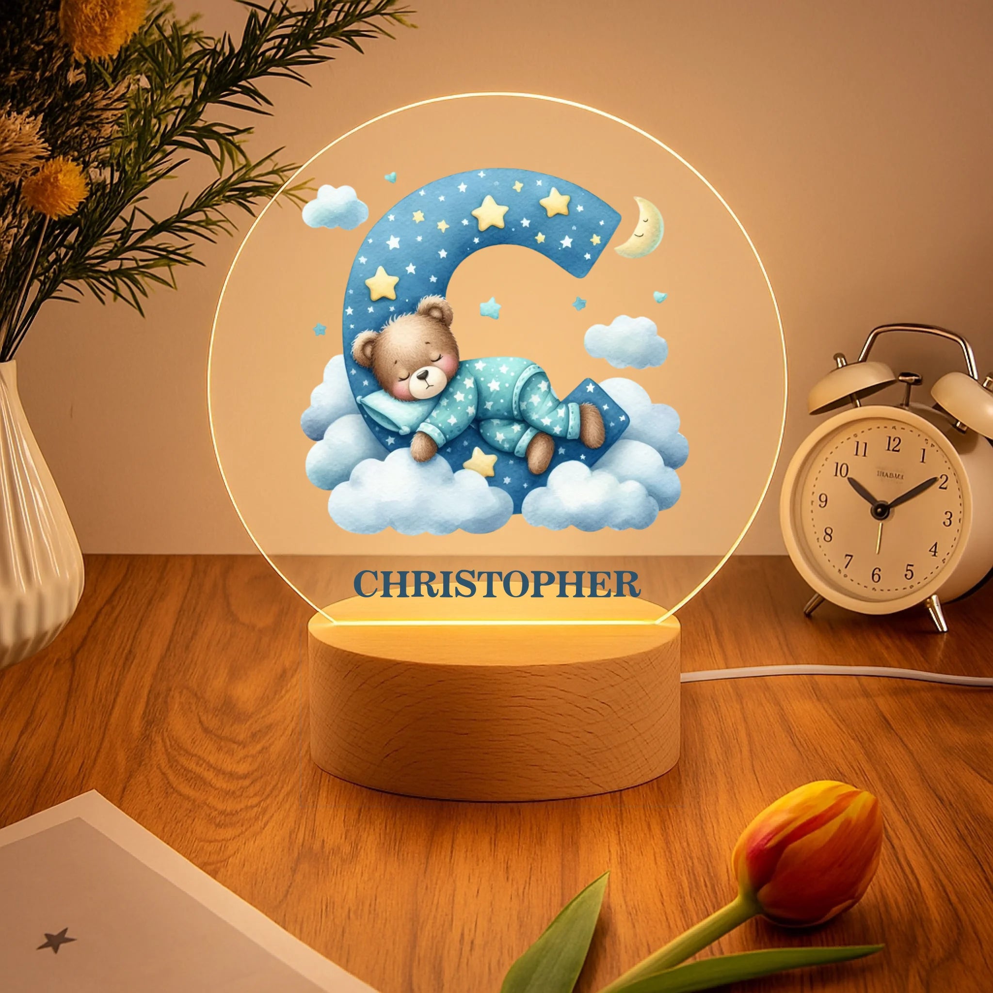 Custom Teddy Bear Night Light - Personalized Name LED Lamp - Gift for Children, Kids