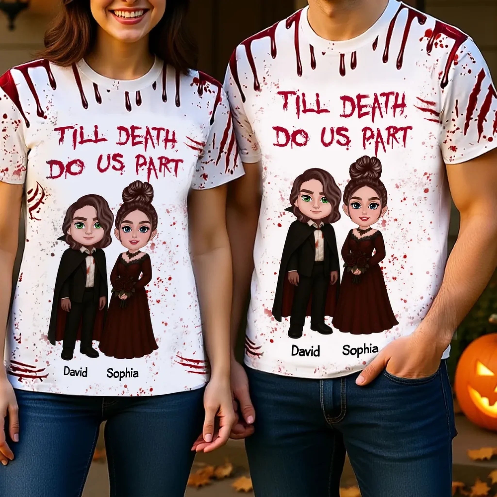 Halloween Horror Theme Couple Matching - Personalized Cartoon Characters and Names - Halloween Celebration Gifts