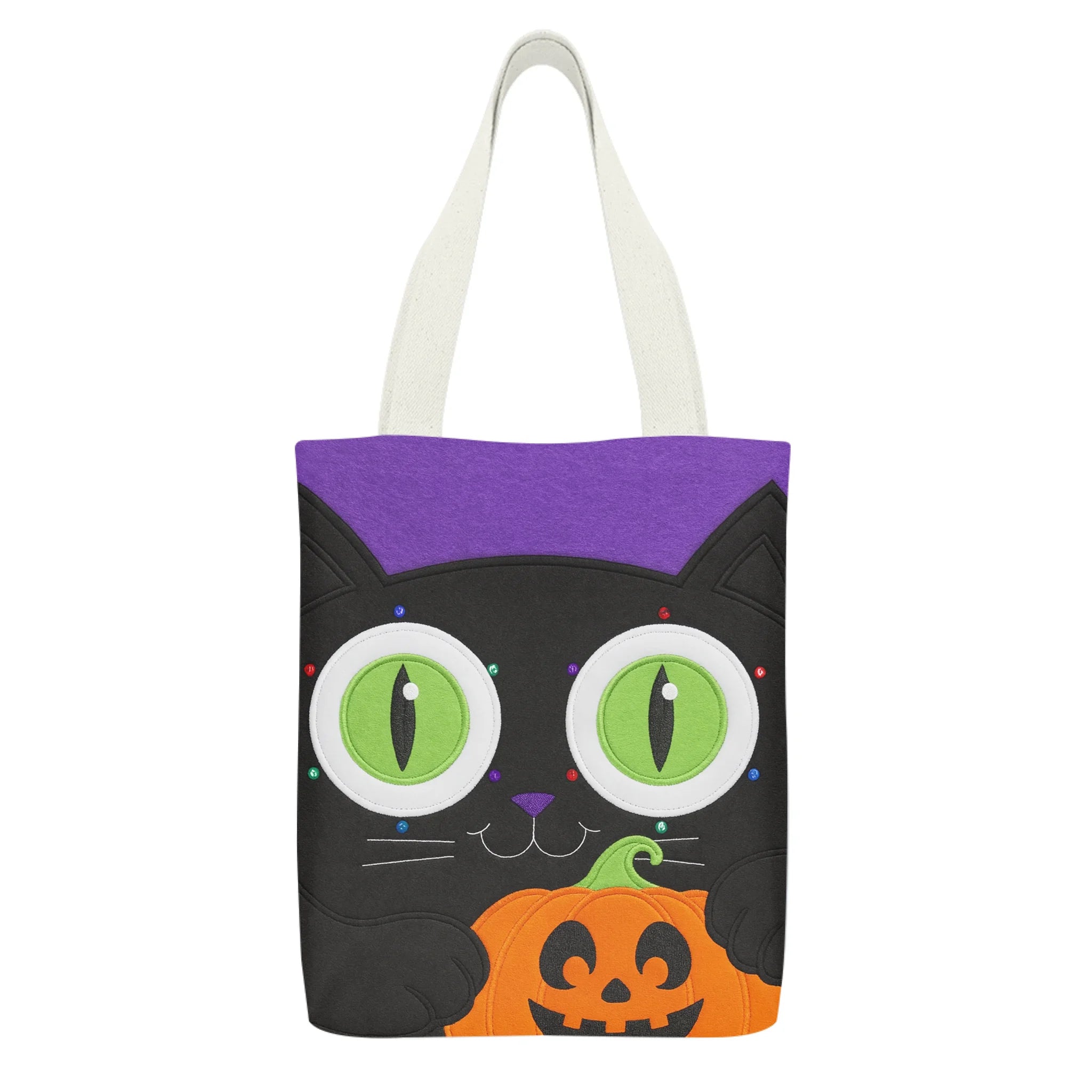 Custom Halloween Canvas Tote Bag - Personalized Name Pumpkin Witch Cat Bag - Gift for Kids Girls Boys