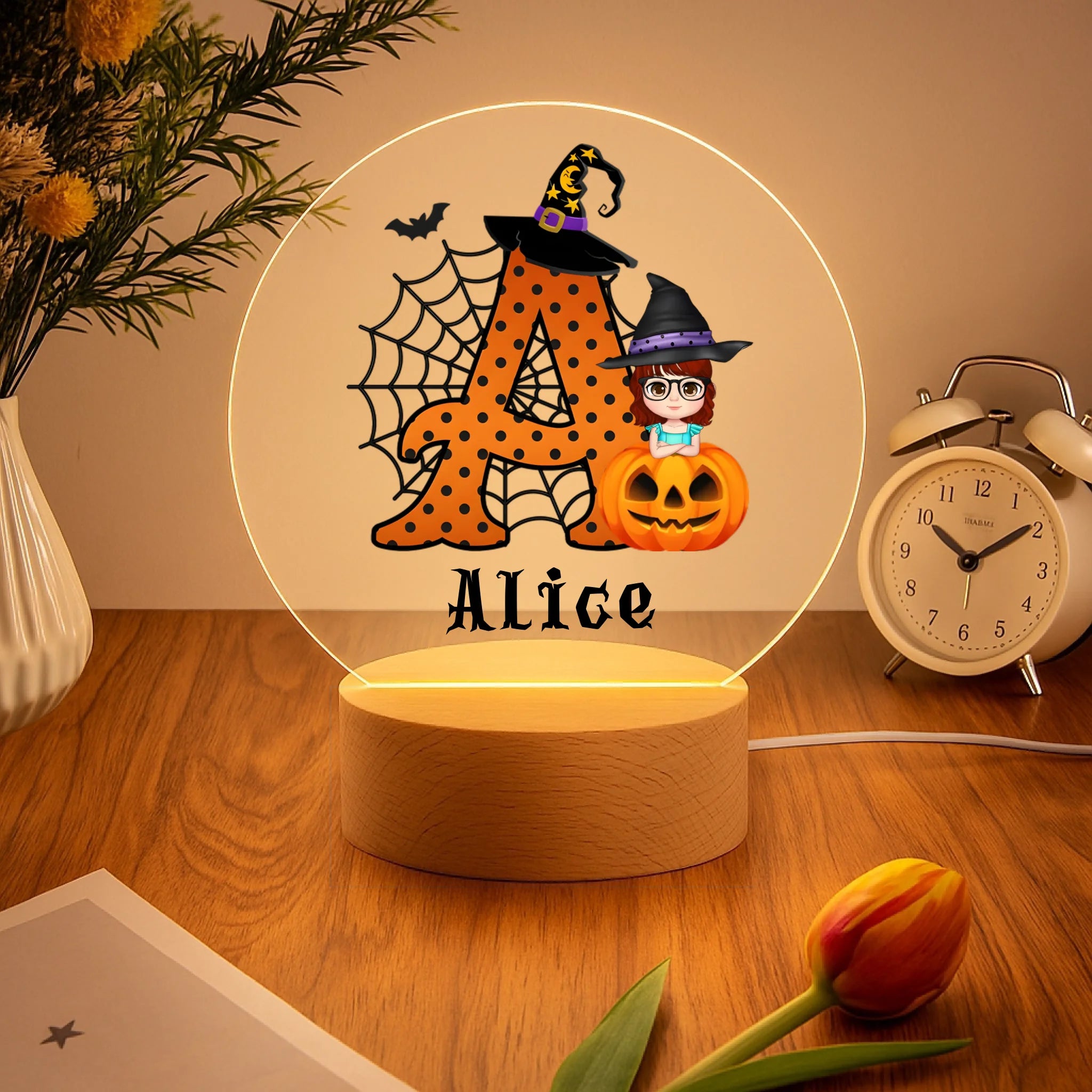 Cartoon Character Witch Hat Pumpkin Customized Night Light - Personalized Name And Initial - Halloween Gift for Boys, Girls