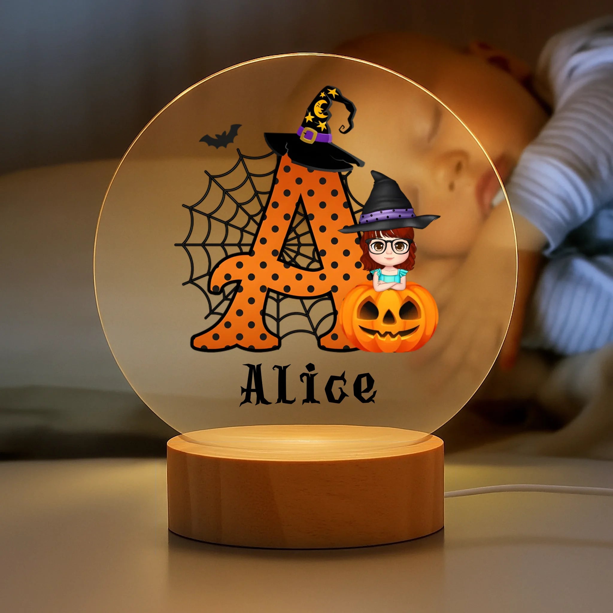 Cartoon Character Witch Hat Pumpkin Customized Night Light - Personalized Name And Initial - Halloween Gift for Boys, Girls