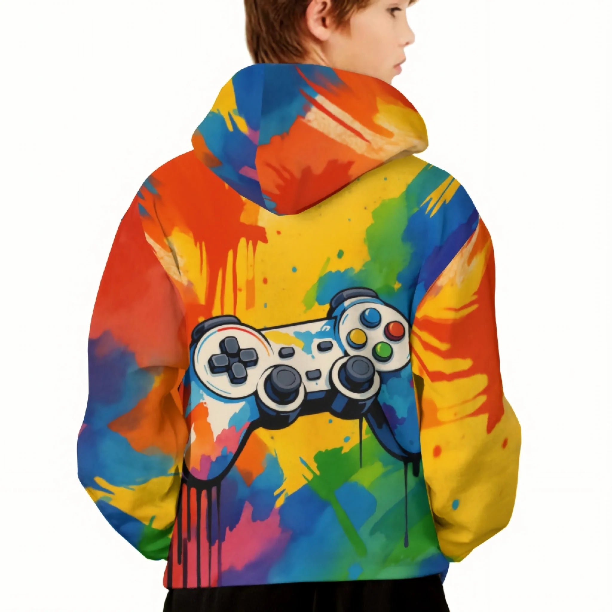 Custom Game Controller Hoodie – Personalized Splatter Art Gaming Sweatshirt – Gift for Kids & Teens