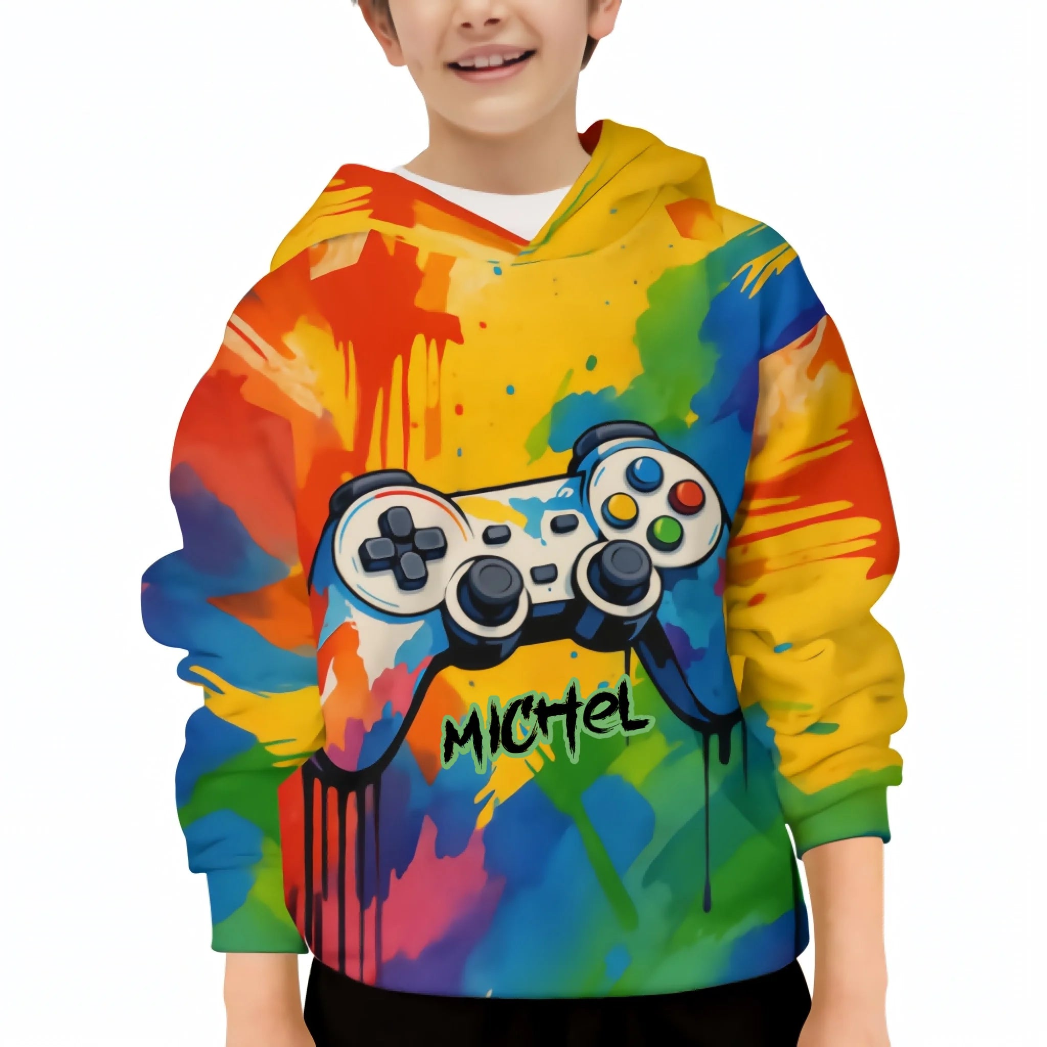 Custom Game Controller Hoodie – Personalized Splatter Art Gaming Sweatshirt – Gift for Kids & Teens
