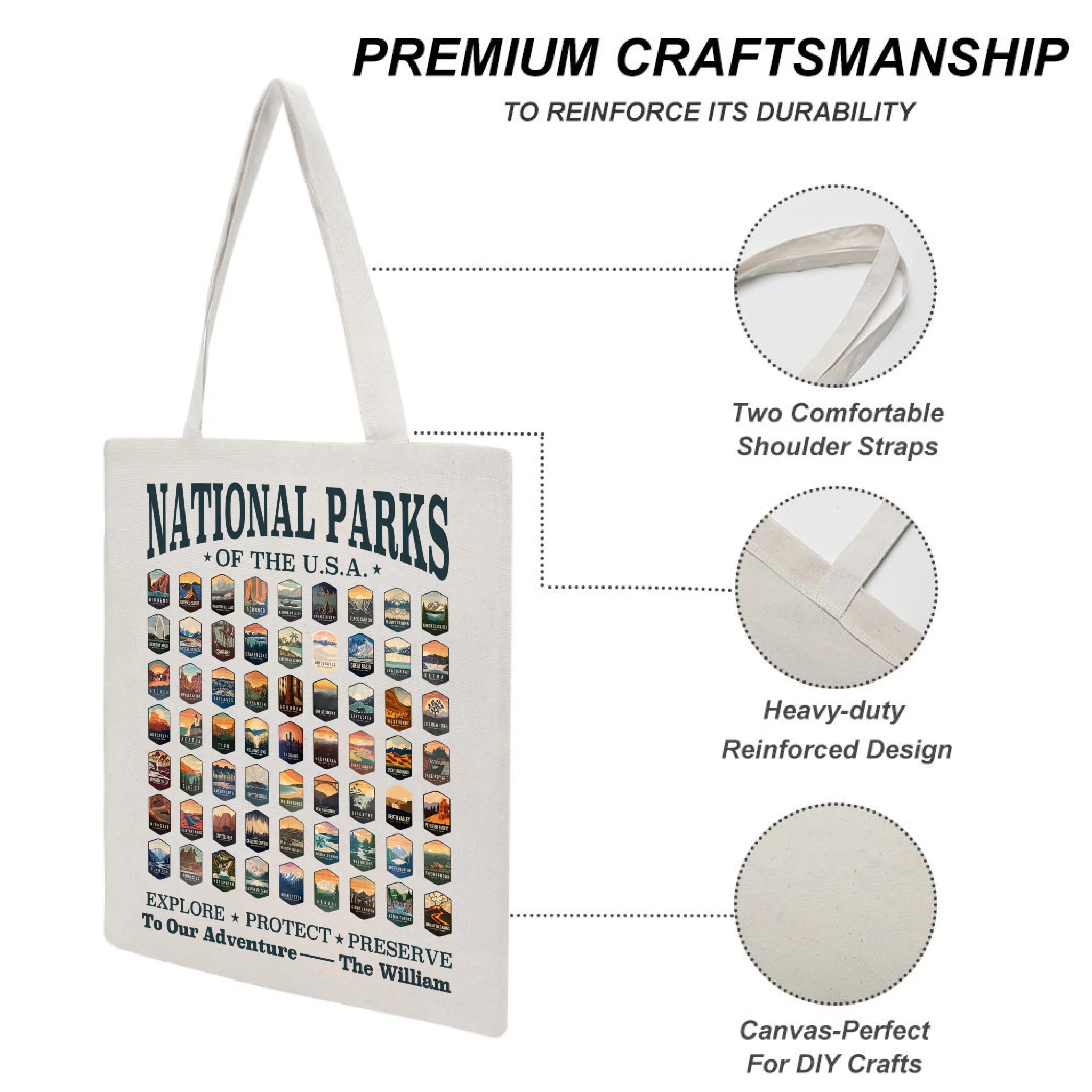 63 National Parks Customized Canvas Bag - Personalized Name And Title - Gift For Nature Lovers, Parks Lovers