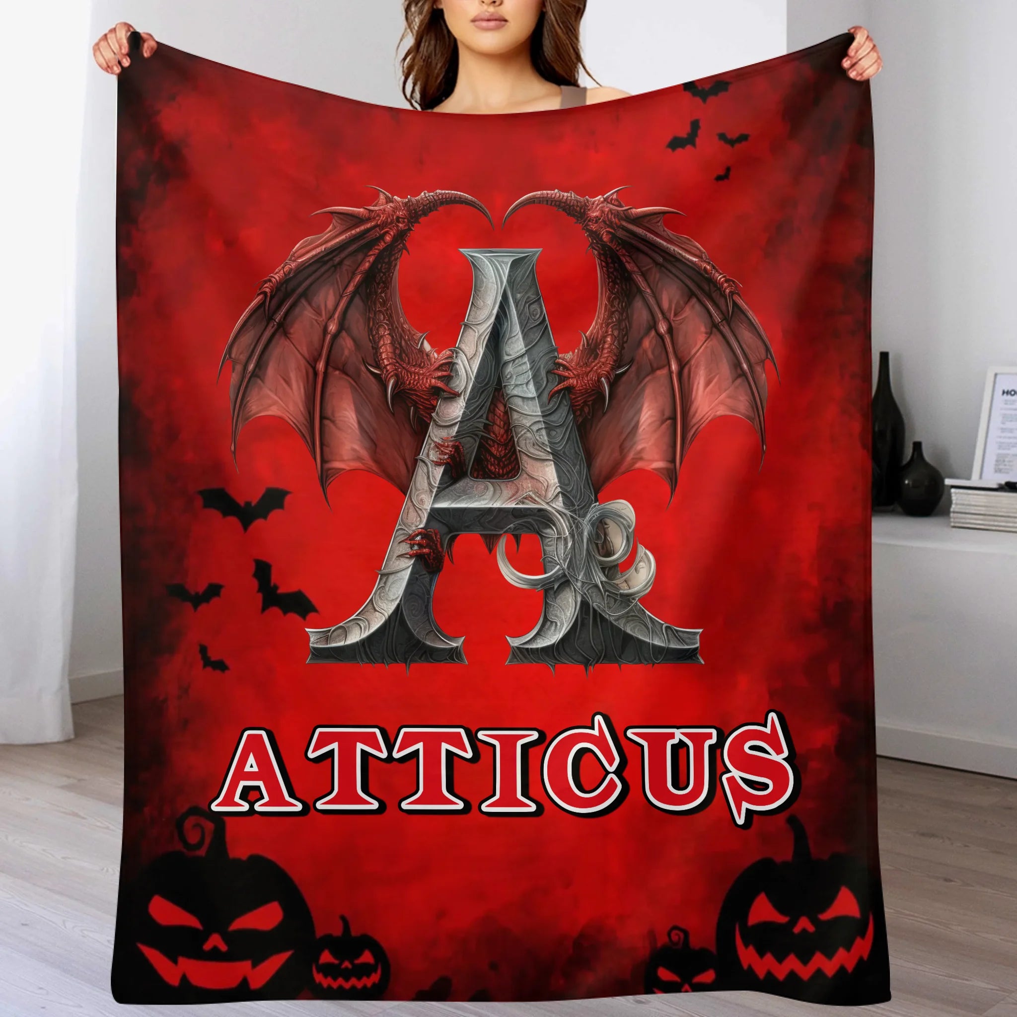 Custom Dragon Letter Blanket – Personalized Halloween Throw with Initial & Name – Gift for Boys & Girls