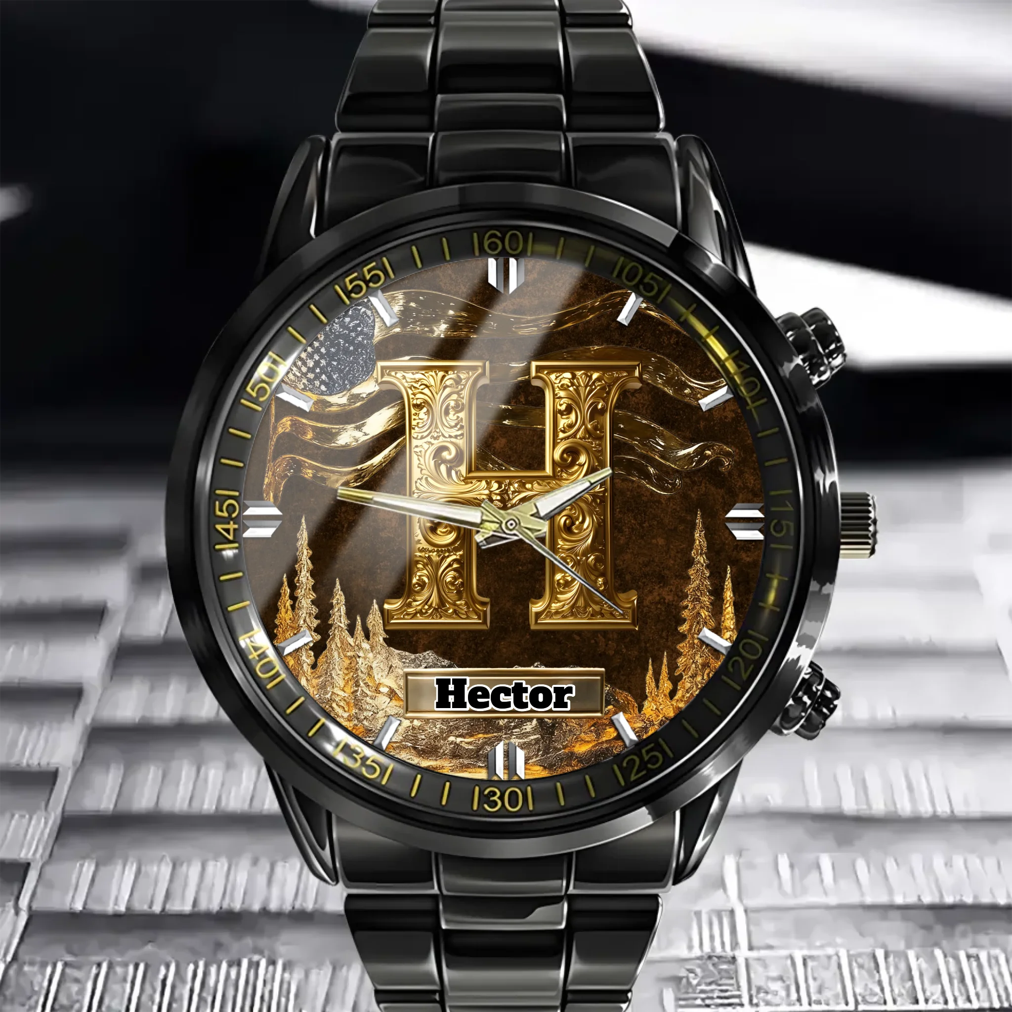 Customized Metal-look Dial Pattern Watch - Personalized Name and Initial - Memento Gift