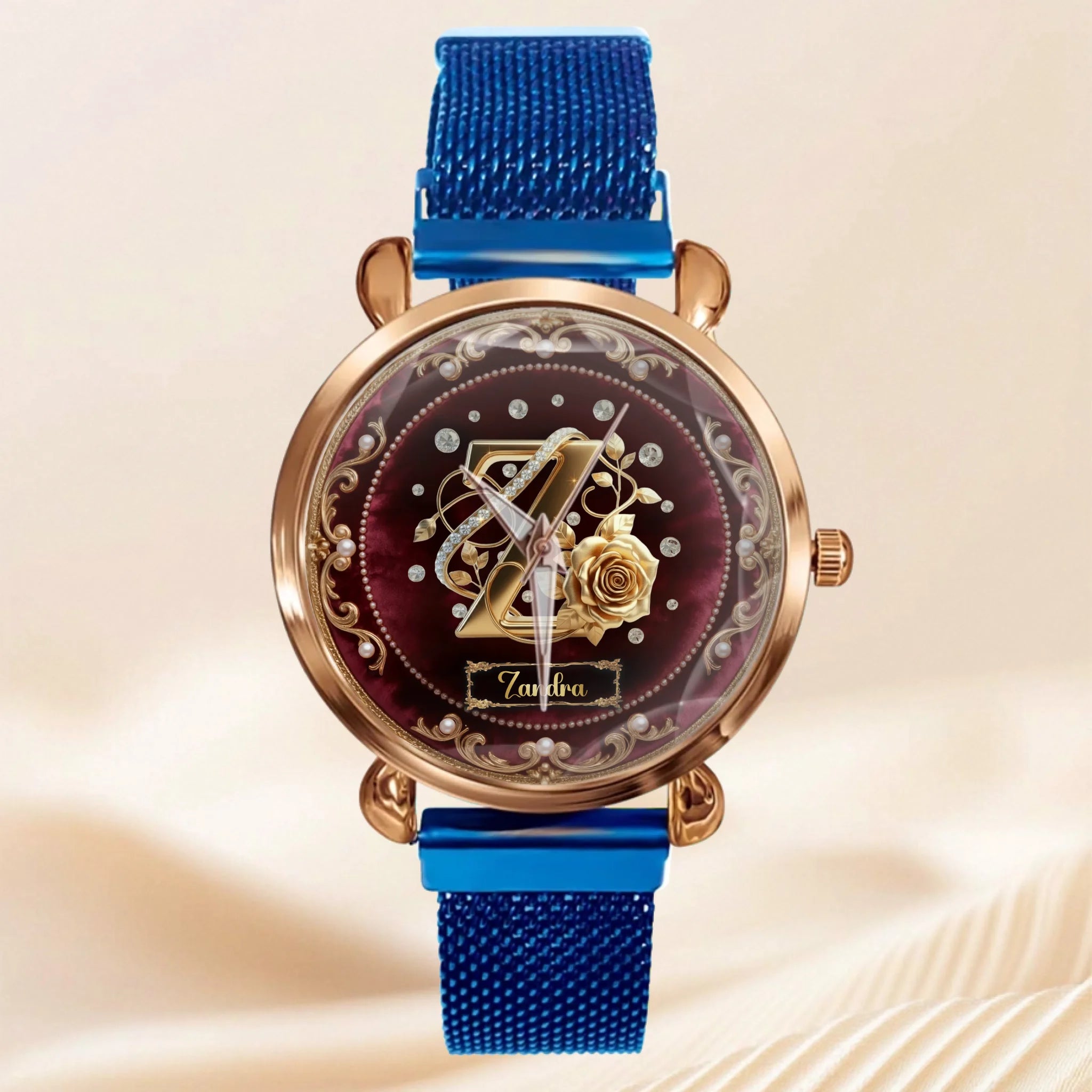 Pearl & Rose Monogram Customized Watch - Personalized Initial And Name - Elegant gift