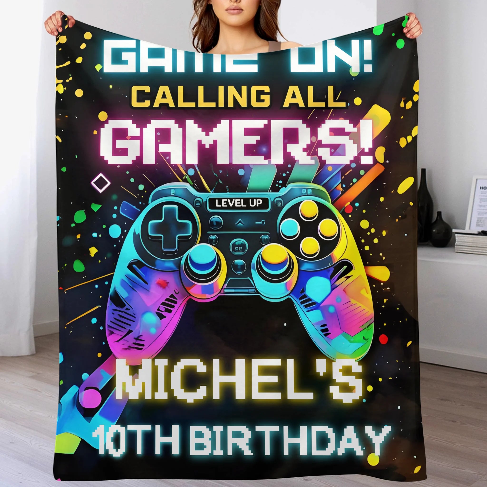 Custom Gaming Party Blanket– Personalized Level Up Birthday Throw – Gift for Boys & Girls