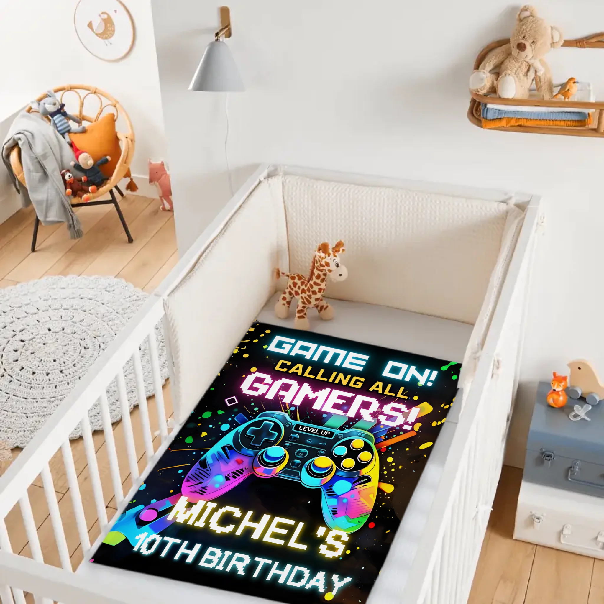 Custom Gaming Party Blanket– Personalized Level Up Birthday Throw – Gift for Boys & Girls