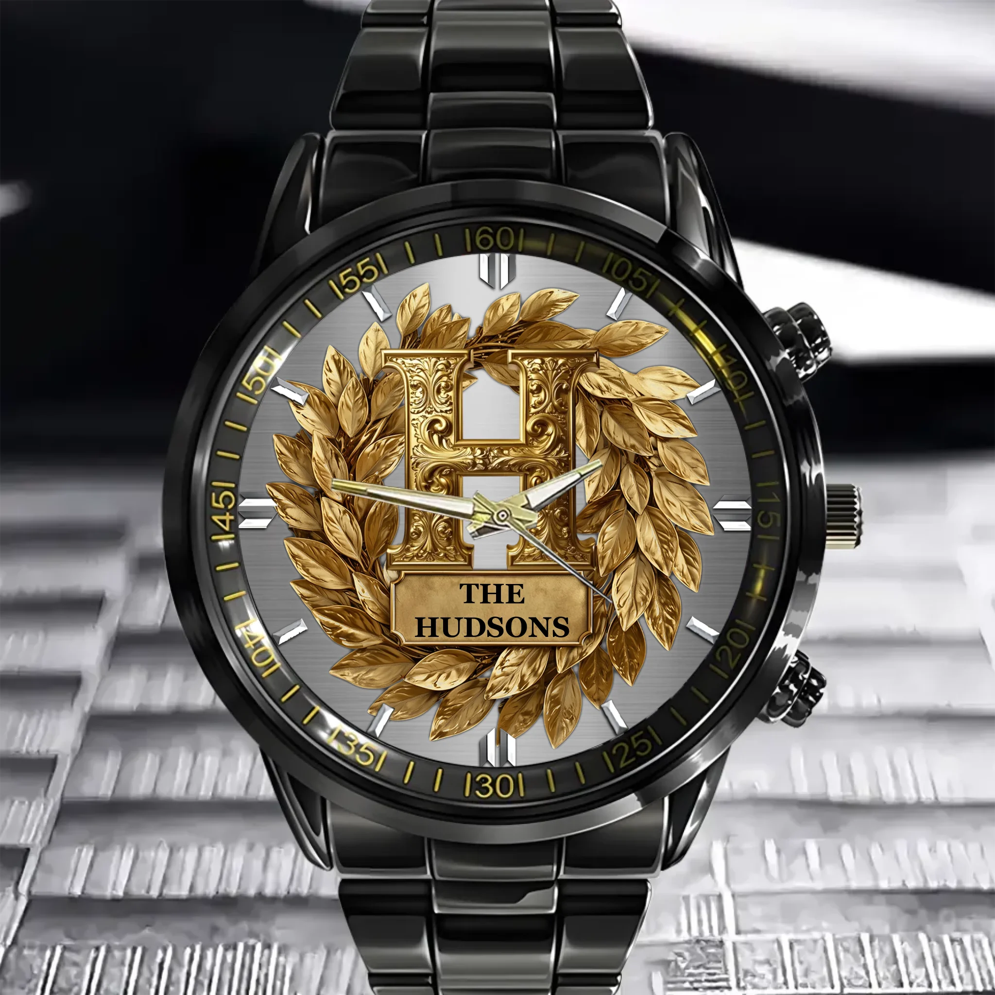 Custom Initial Gold Wreath Watch - Personalized Name And Initial