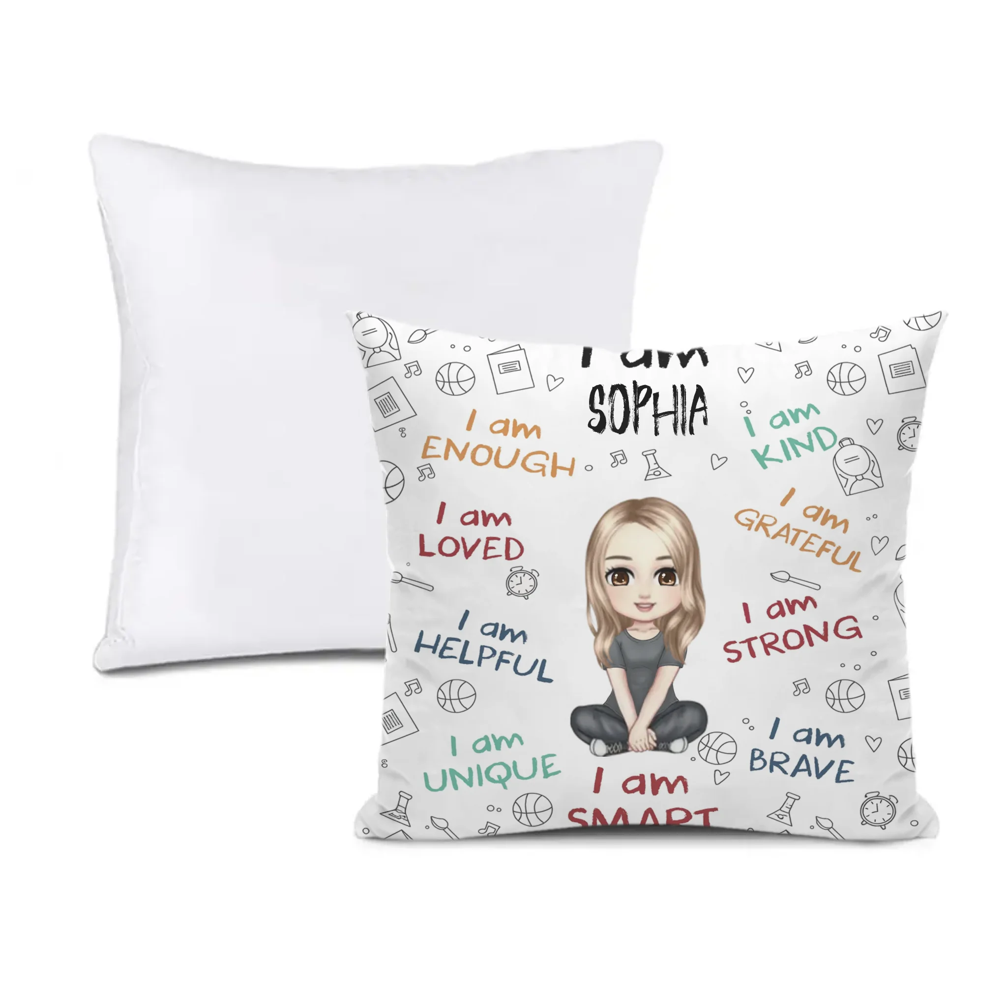 I Am Enough, Loved, Helpful, Unique, Smart - Personalized Cartoon Characters and Name Pillow - Gift for Kids, Children
