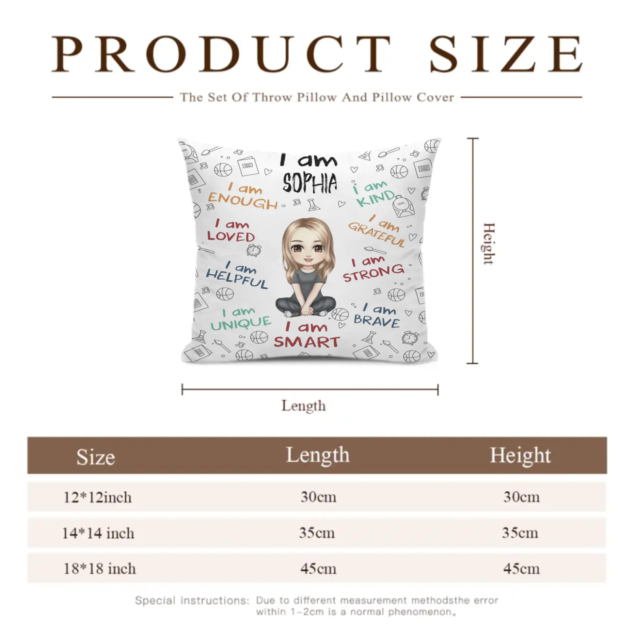 I Am Enough, Loved, Helpful, Unique, Smart - Personalized Cartoon Characters and Name Pillow - Gift for Kids, Children