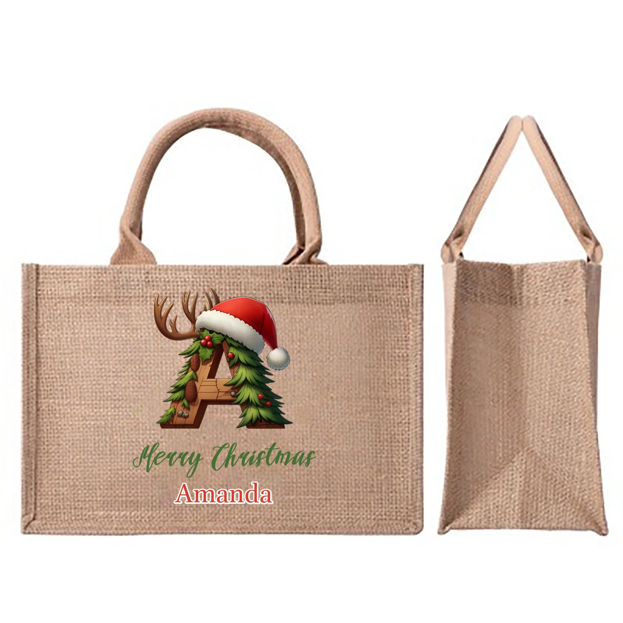 Customized Christmas Tree Snowman Elf Igloo Initial Cotton Linen Handbag- Personalized Name And Initial - Christmas Gift for Kids Family, Christmas Gatherings