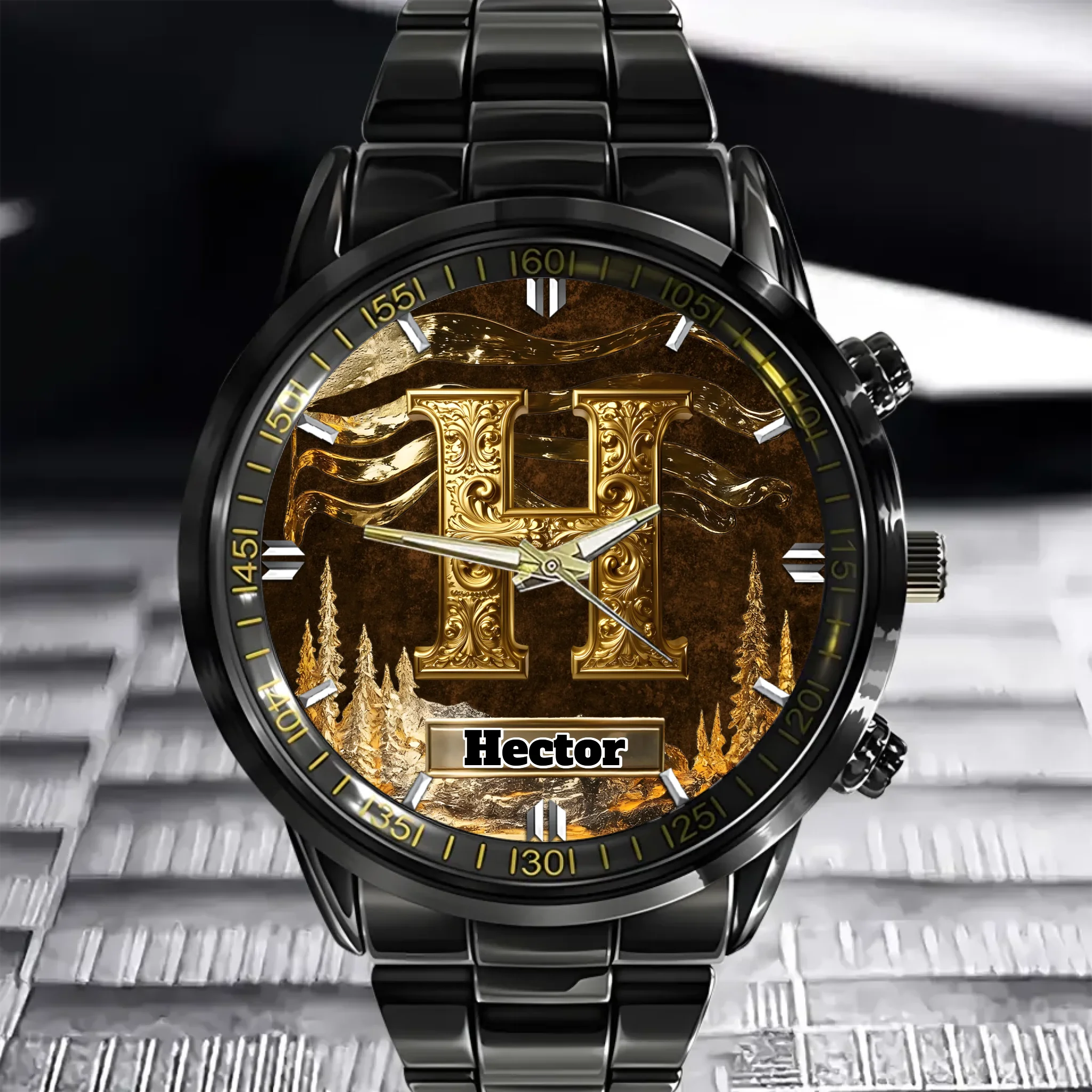 Customized Metal-look Dial Pattern Watch - Personalized Name and Initial - Memento Gift,Gift for Him/Her