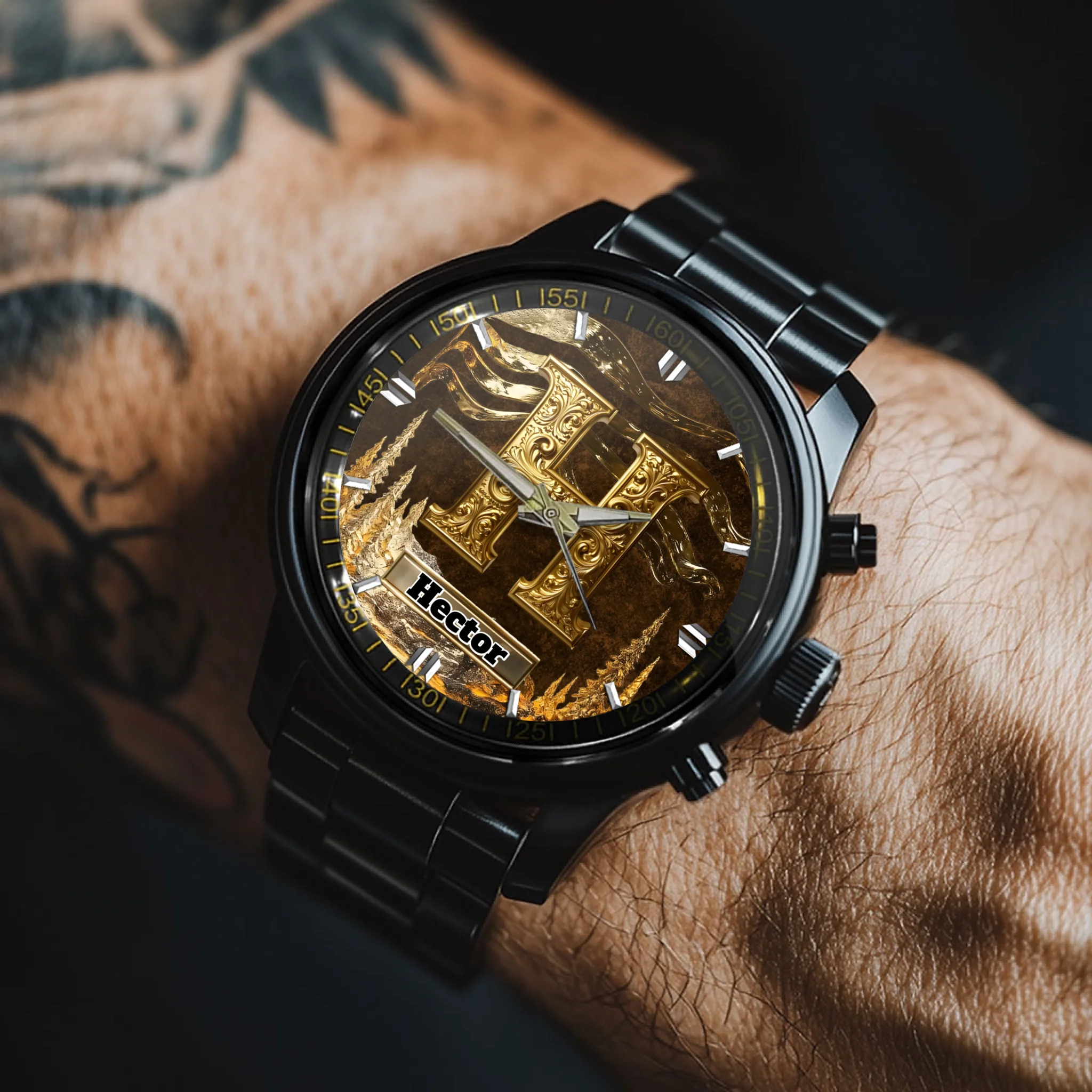 Customized Metal-look Dial Pattern Watch - Personalized Name and Initial - Memento Gift,Gift for Him/Her
