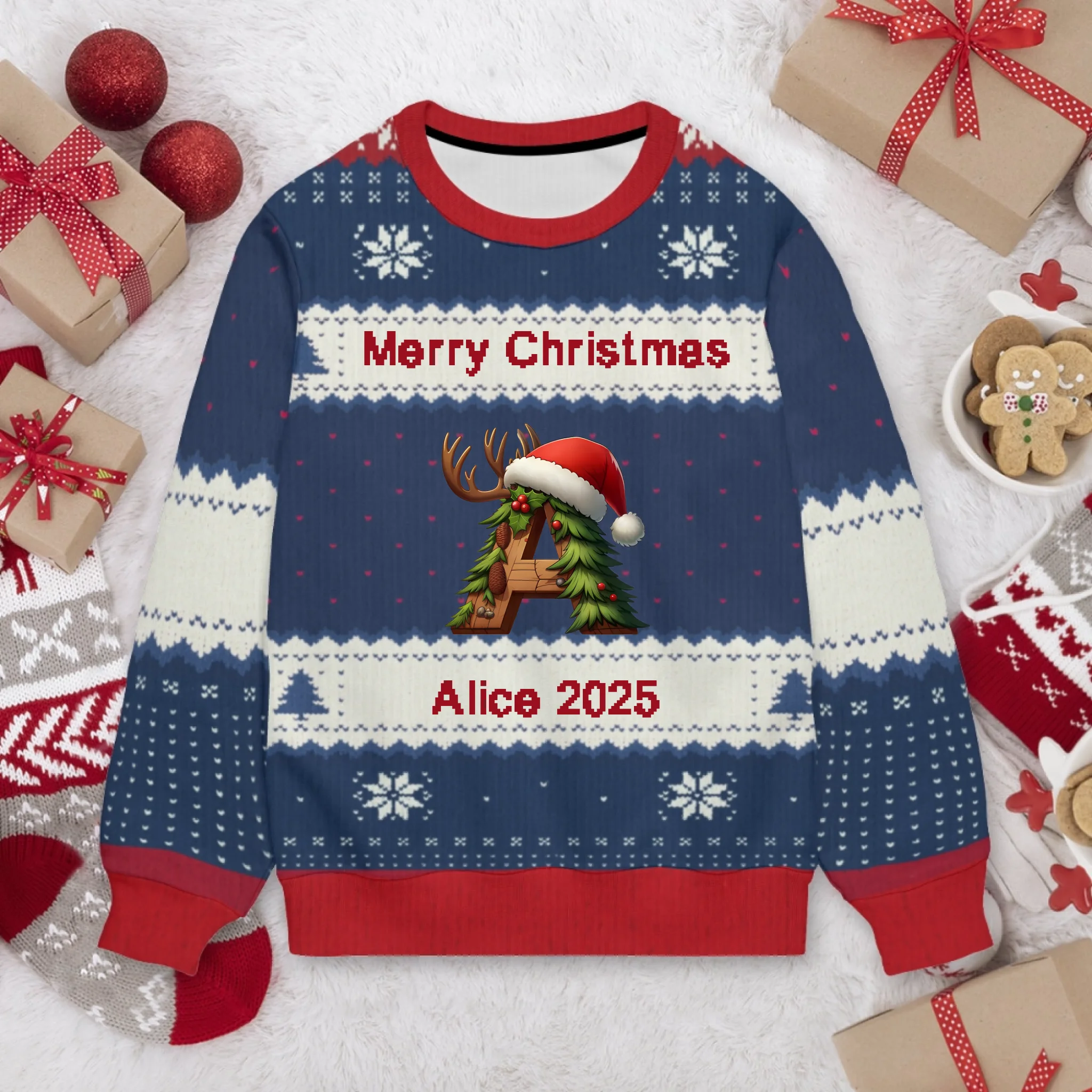 Customized Christmas Tree Snowman Ugly Sweatshirt - Personalized Initial, Name and Color Sweatshirt - Christmas Gift
