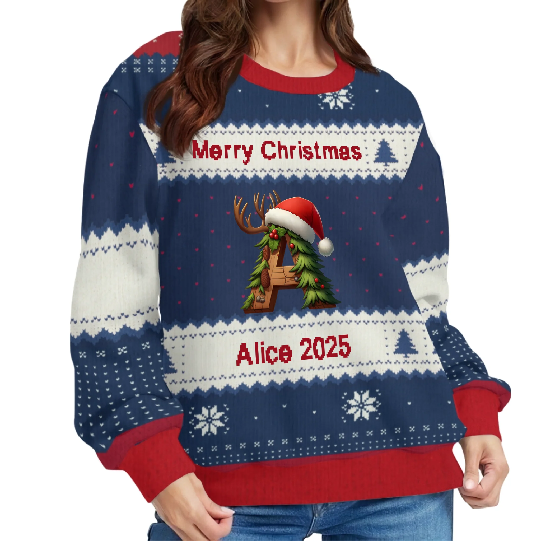 Customized Christmas Tree Snowman Ugly Sweatshirt - Personalized Initial, Name and Color Sweatshirt - Christmas Gift